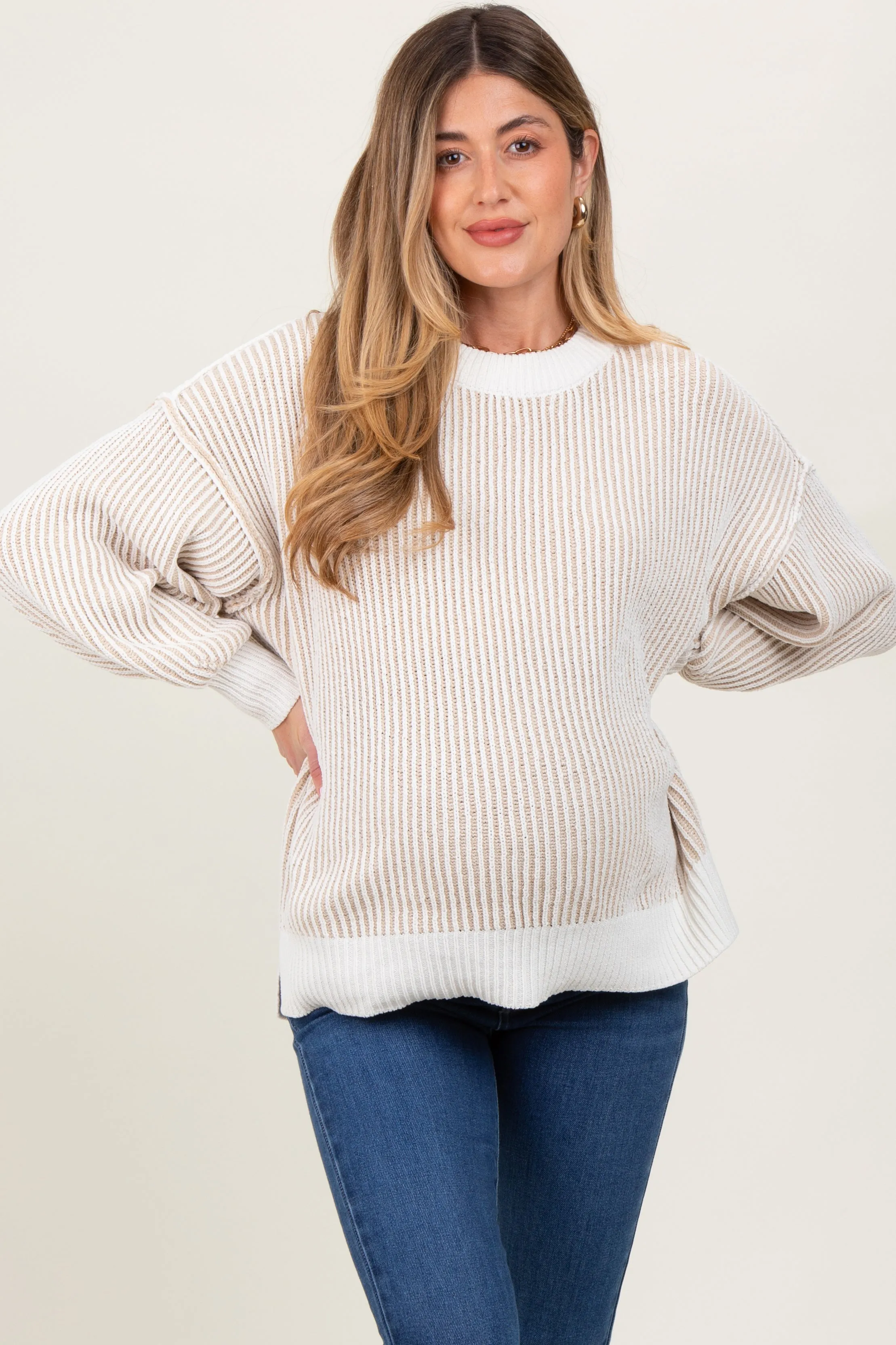 Taupe Ribbed Balloon Sleeve Maternity Sweater sold by Pinkblush product image thumbnail 2