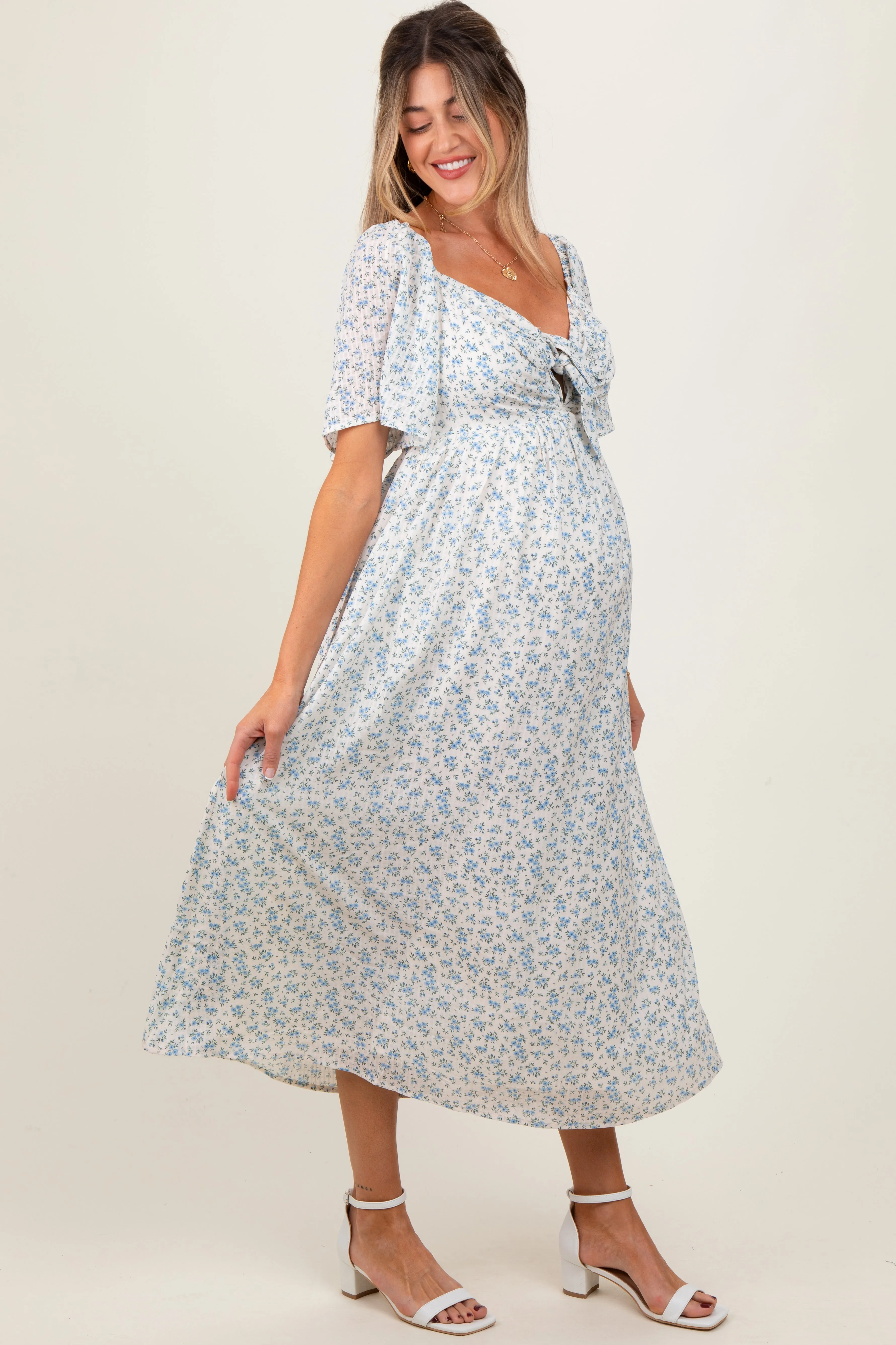 Blue Floral Front Tie Maternity Midi Dress sold by Pinkblush product image thumbnail 3