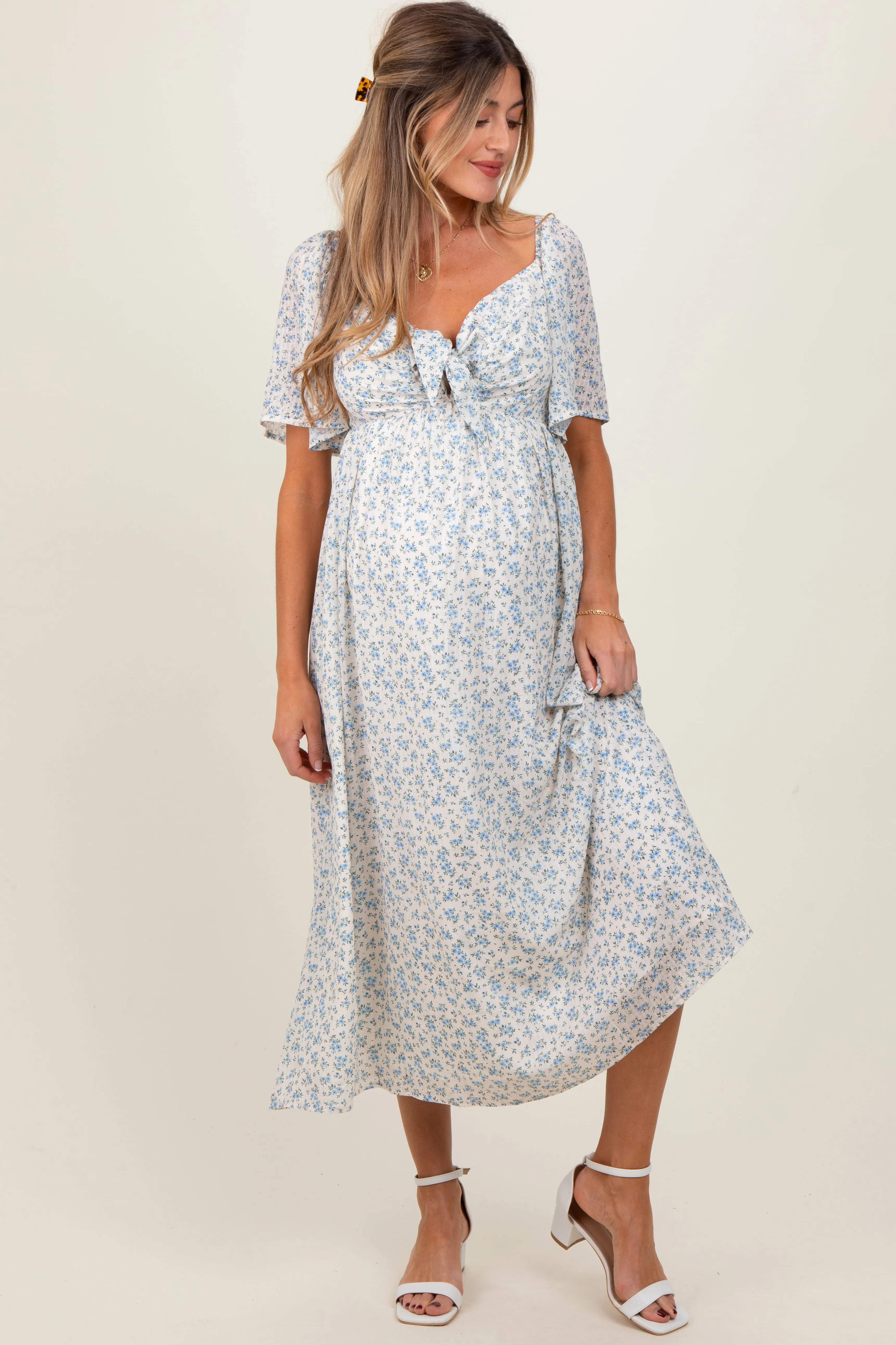 Blue Floral Front Tie Maternity Midi Dress sold by Pinkblush