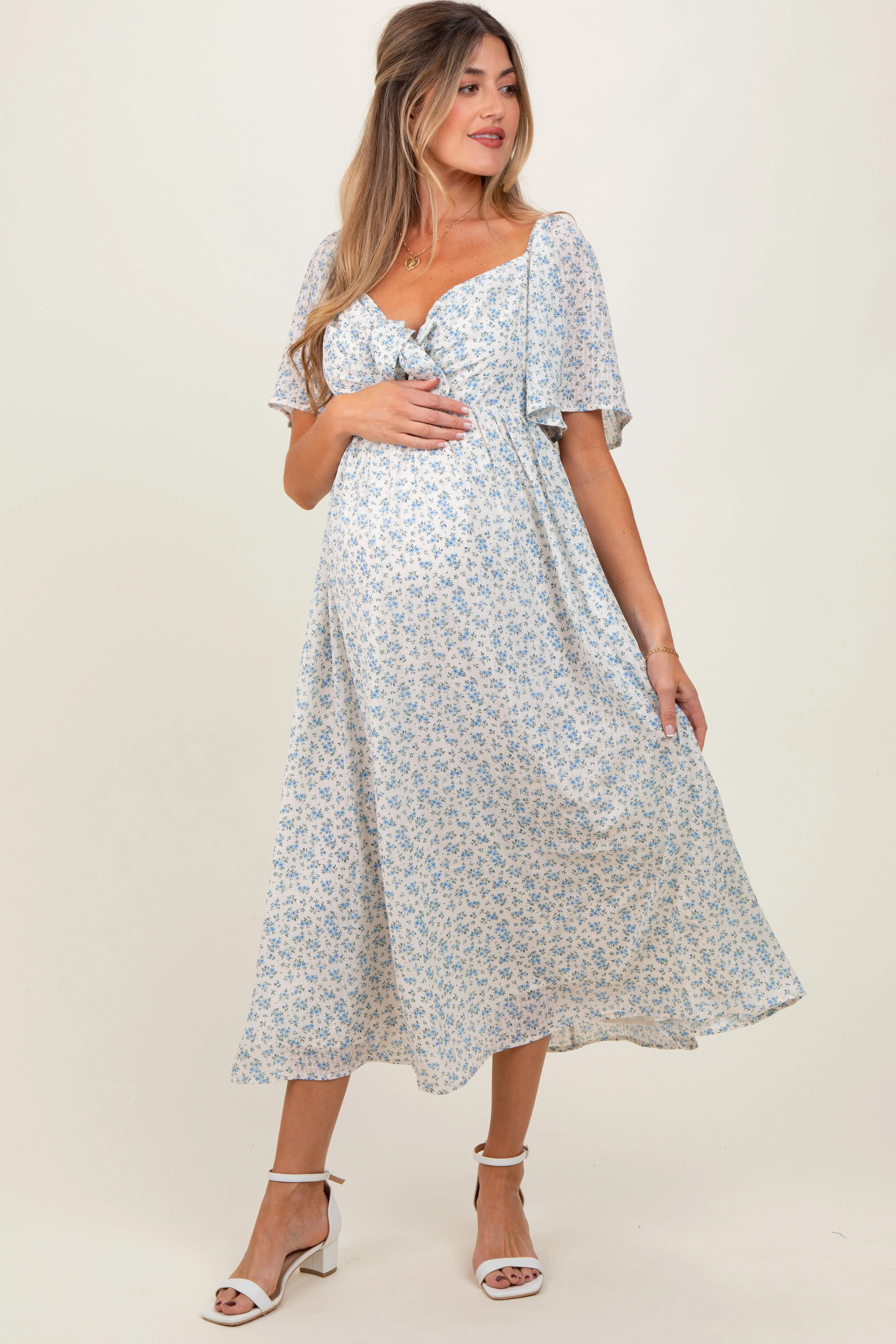 Blue Floral Front Tie Maternity Midi Dress sold by Pinkblush product image thumbnail 2