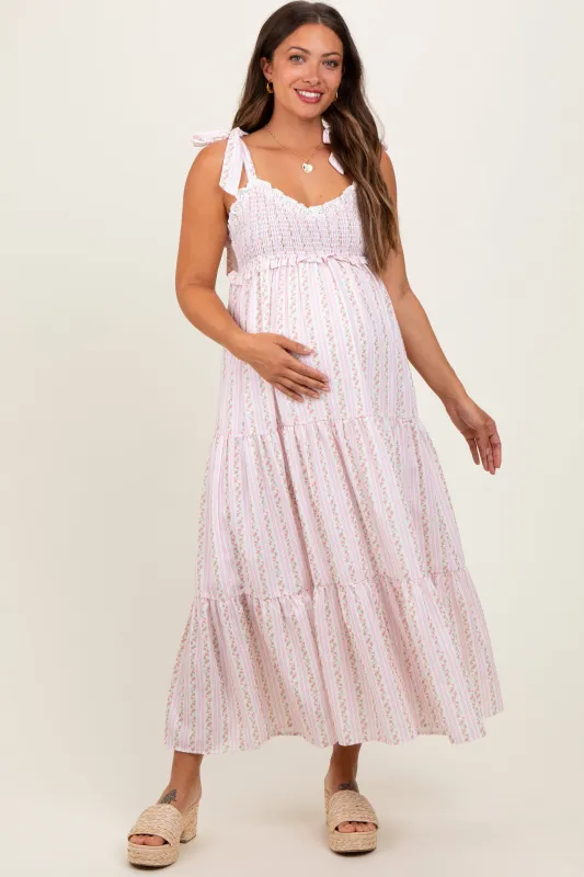 Pink Floral Striped Smocked Shoulder Tie Maternity Maxi Dress sold by Pinkblush