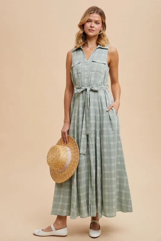 Light Olive Plaid Sleeveless Sash Tie Shirt Dress sold by Pinkblush