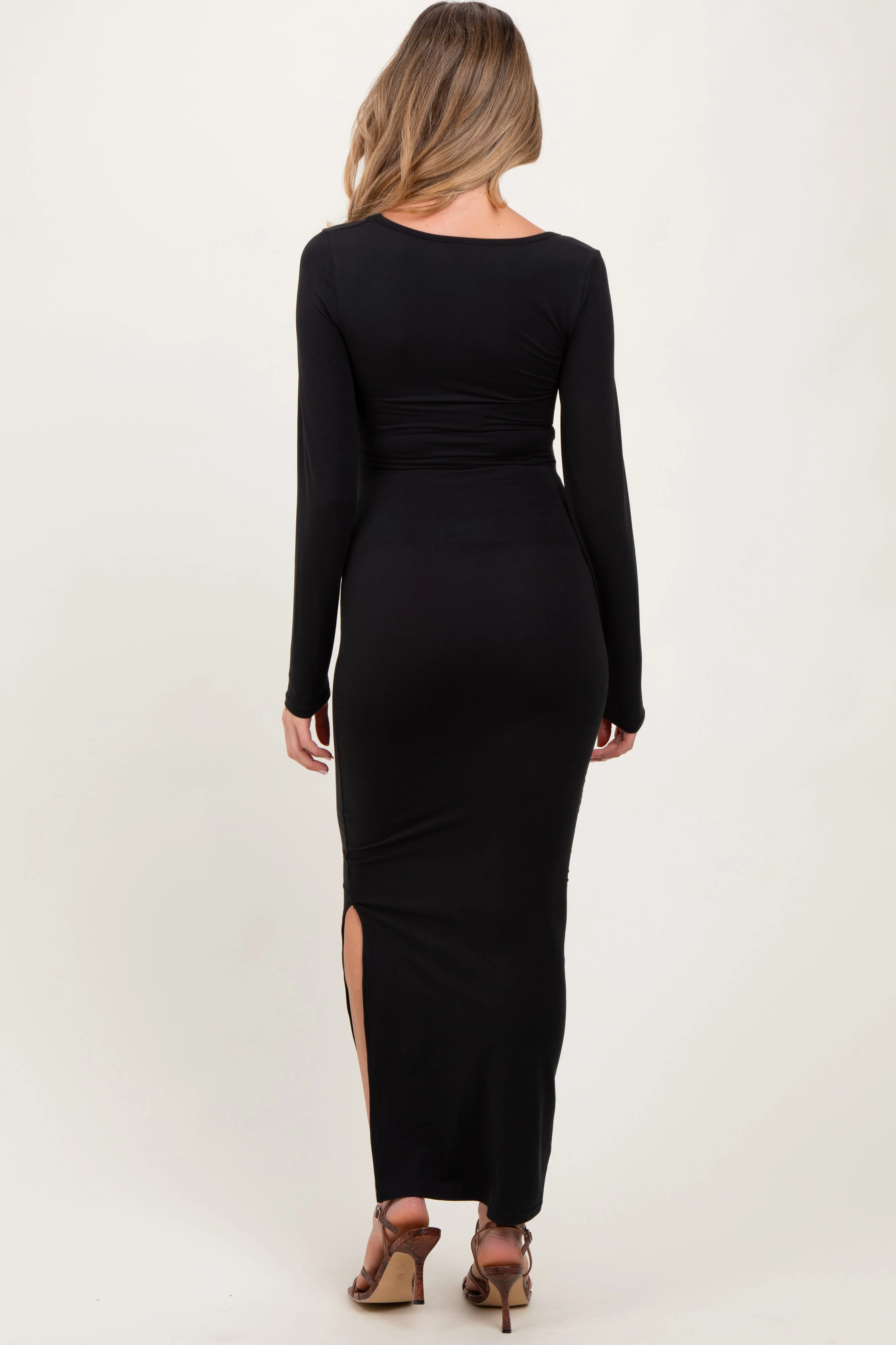 Black Long Sleeve Side Slit Maternity Maxi Dress sold by Pinkblush product image thumbnail 4
