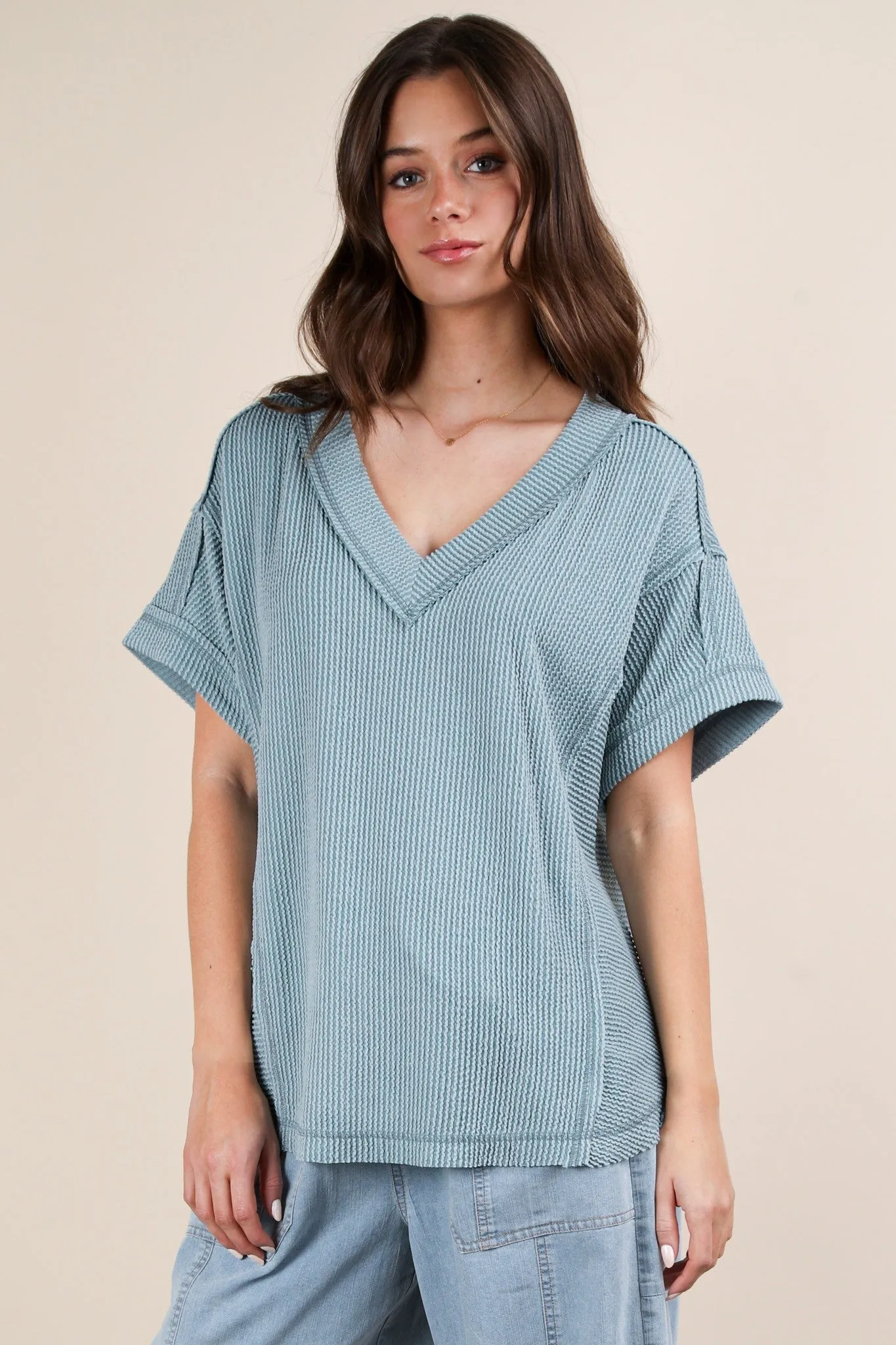 Blue Ribbed Raw Hem Short Sleeve Top sold by Pinkblush product image thumbnail 4