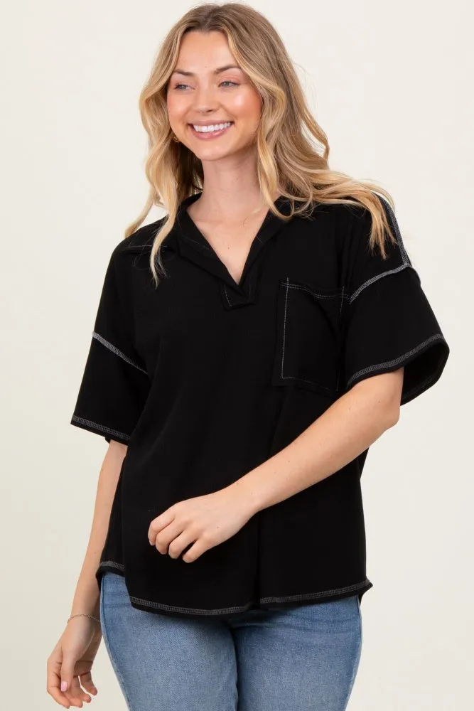 Black Solid Ribbed Collar V-Neck Tunic Top sold by Pinkblush