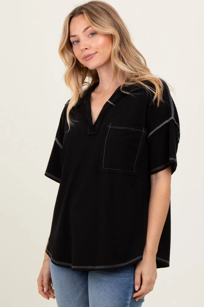 Black Solid Ribbed Collar V-Neck Tunic Top sold by Pinkblush product image thumbnail 2