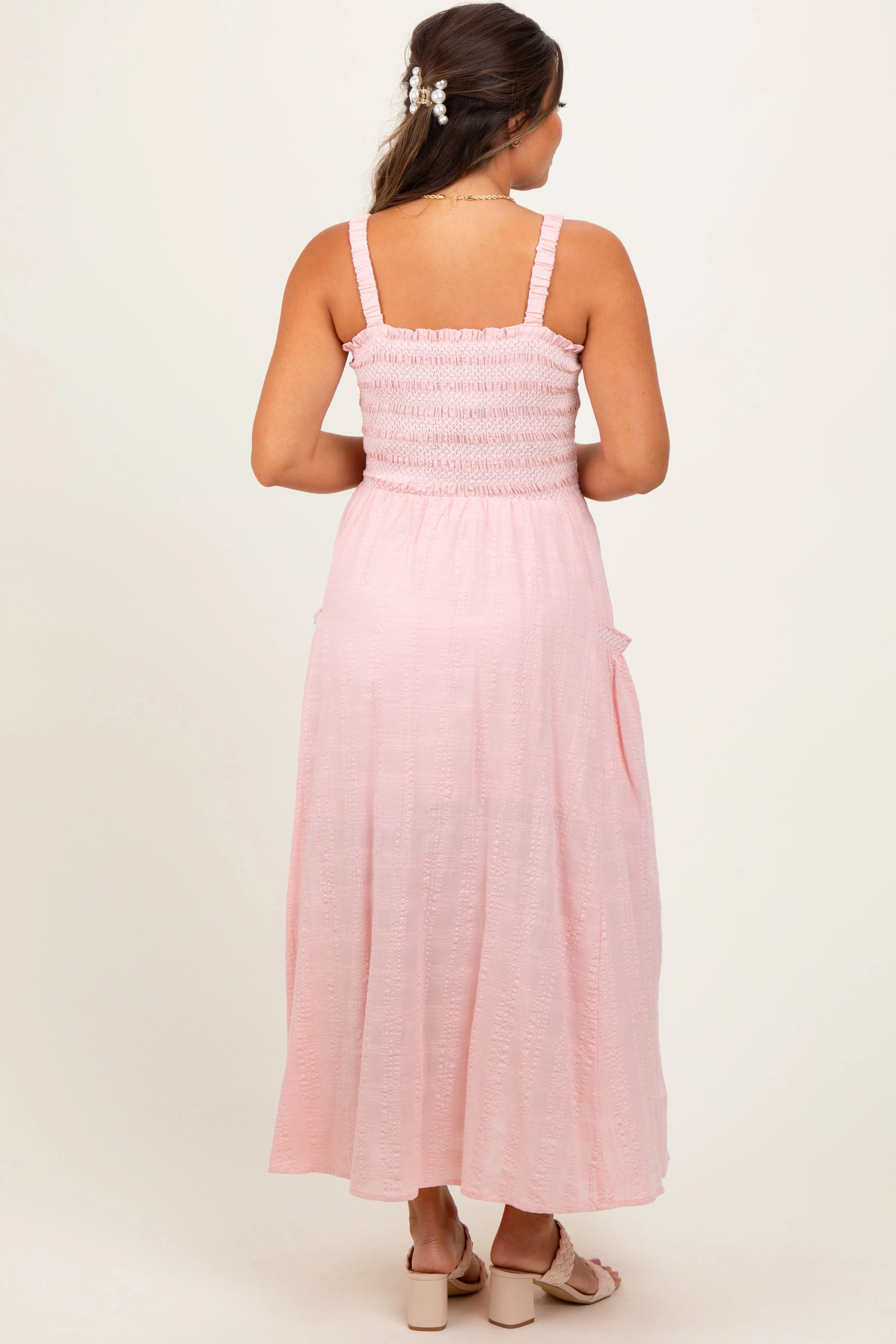 Light Pink Smocked Embroidered Bust Textured Maternity Midi Dress sold by Pinkblush product image thumbnail 3