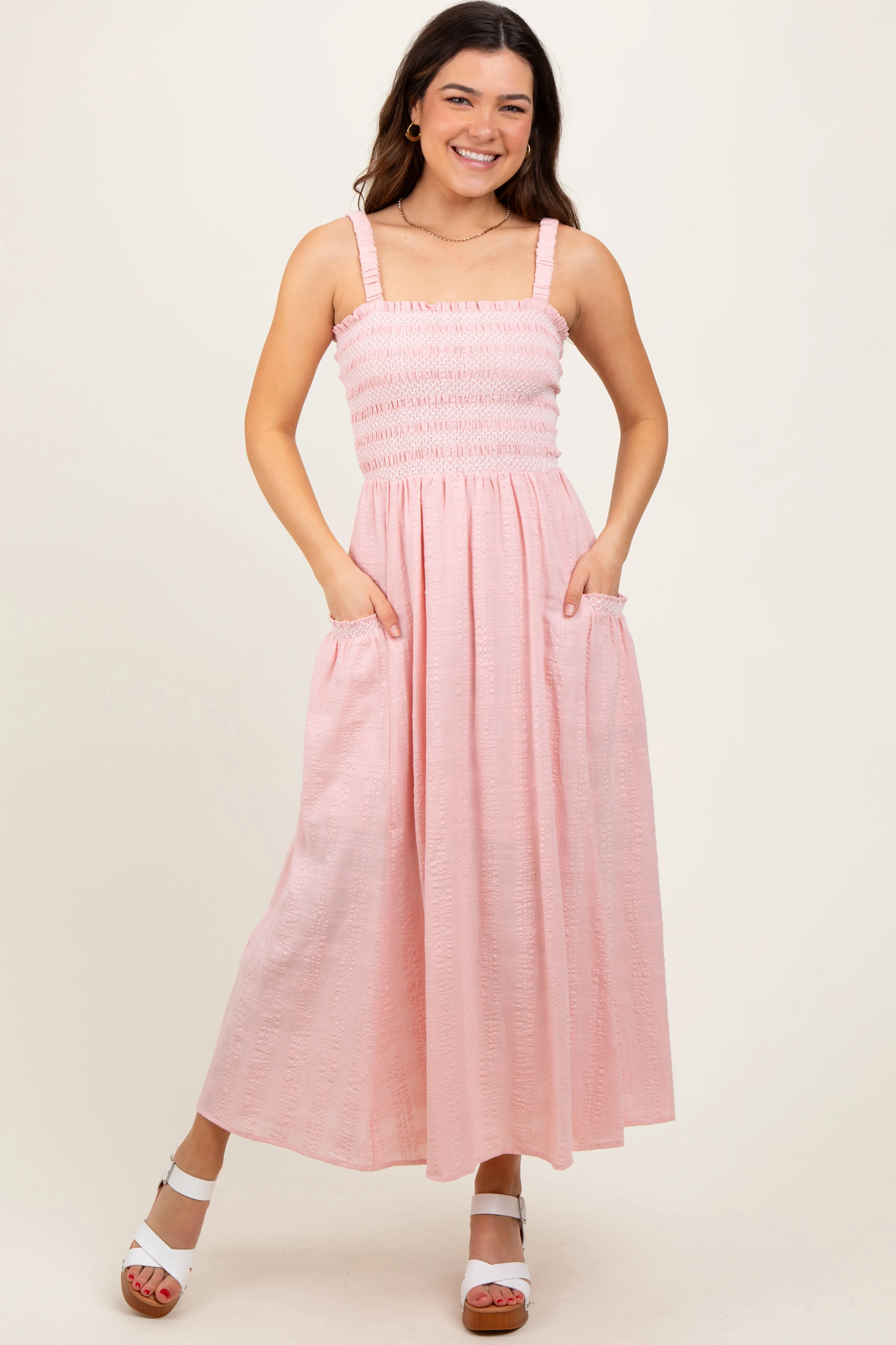 Light Pink Smocked Embroidered Bust Textured Maternity Midi Dress sold by Pinkblush product image thumbnail 4