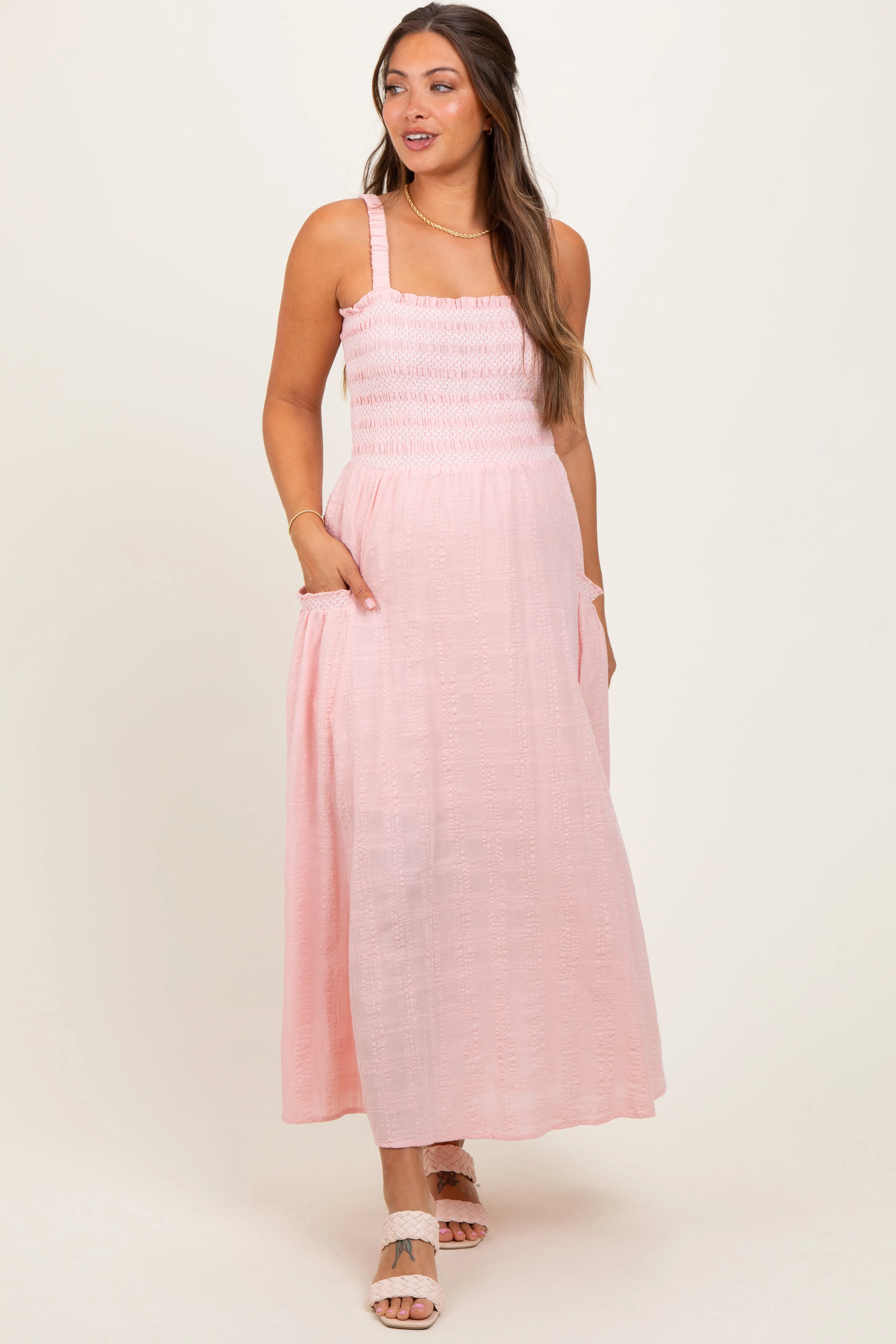 Light Pink Smocked Embroidered Bust Textured Maternity Midi Dress sold by Pinkblush