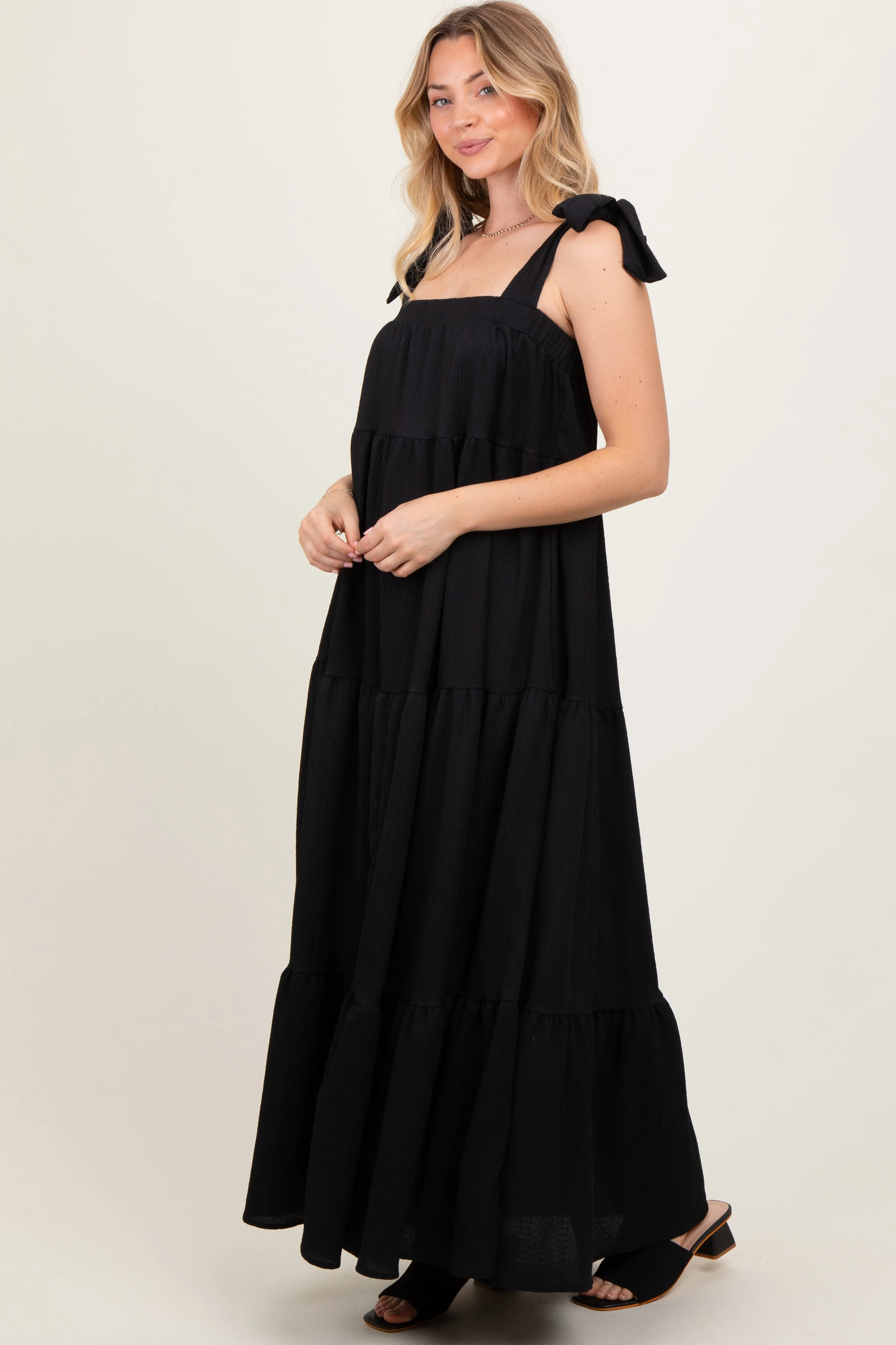 Black Shoulder Tie Tiered Maxi Dress sold by Pinkblush product image thumbnail 3