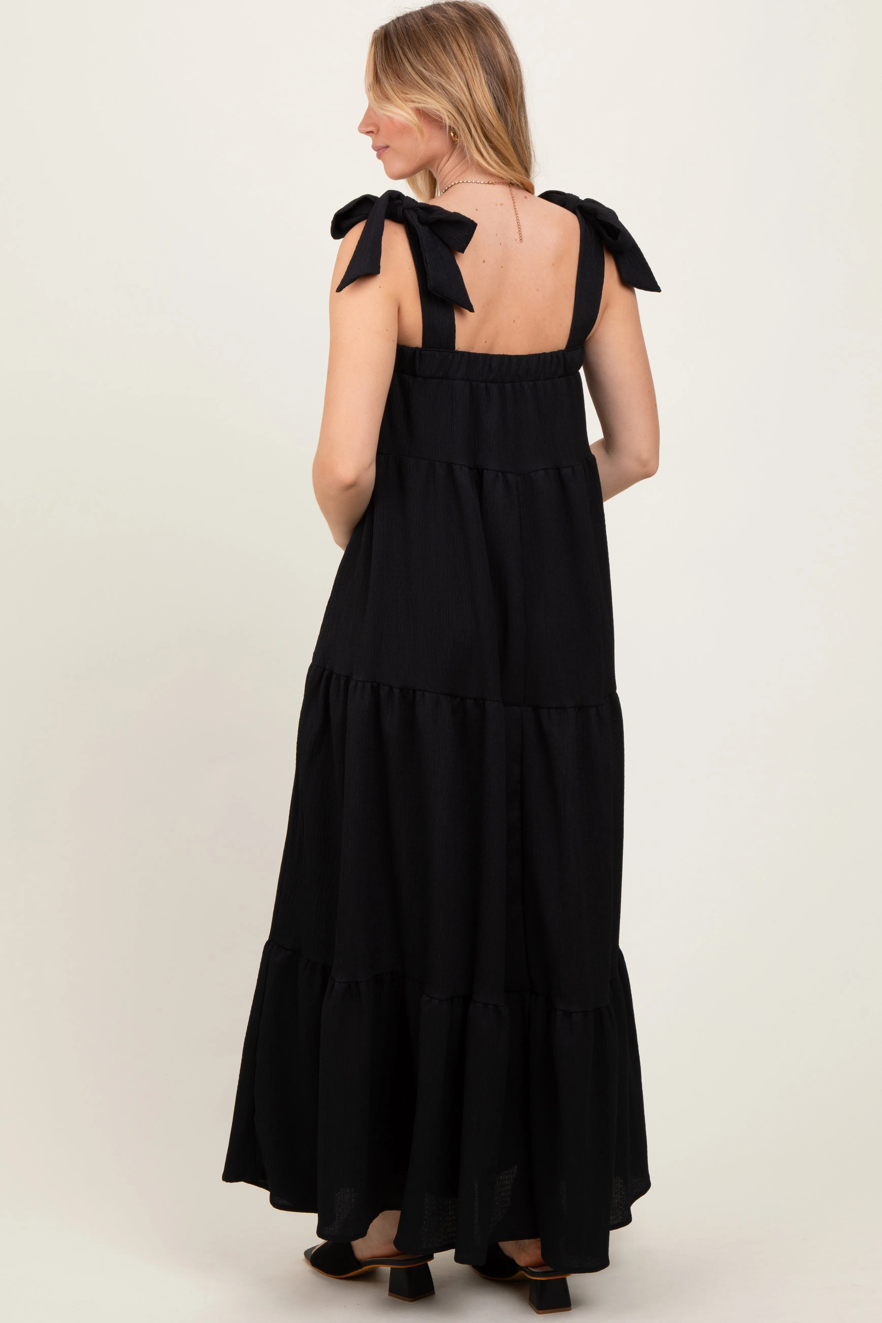 Black Shoulder Tie Tiered Maxi Dress sold by Pinkblush product image thumbnail 4