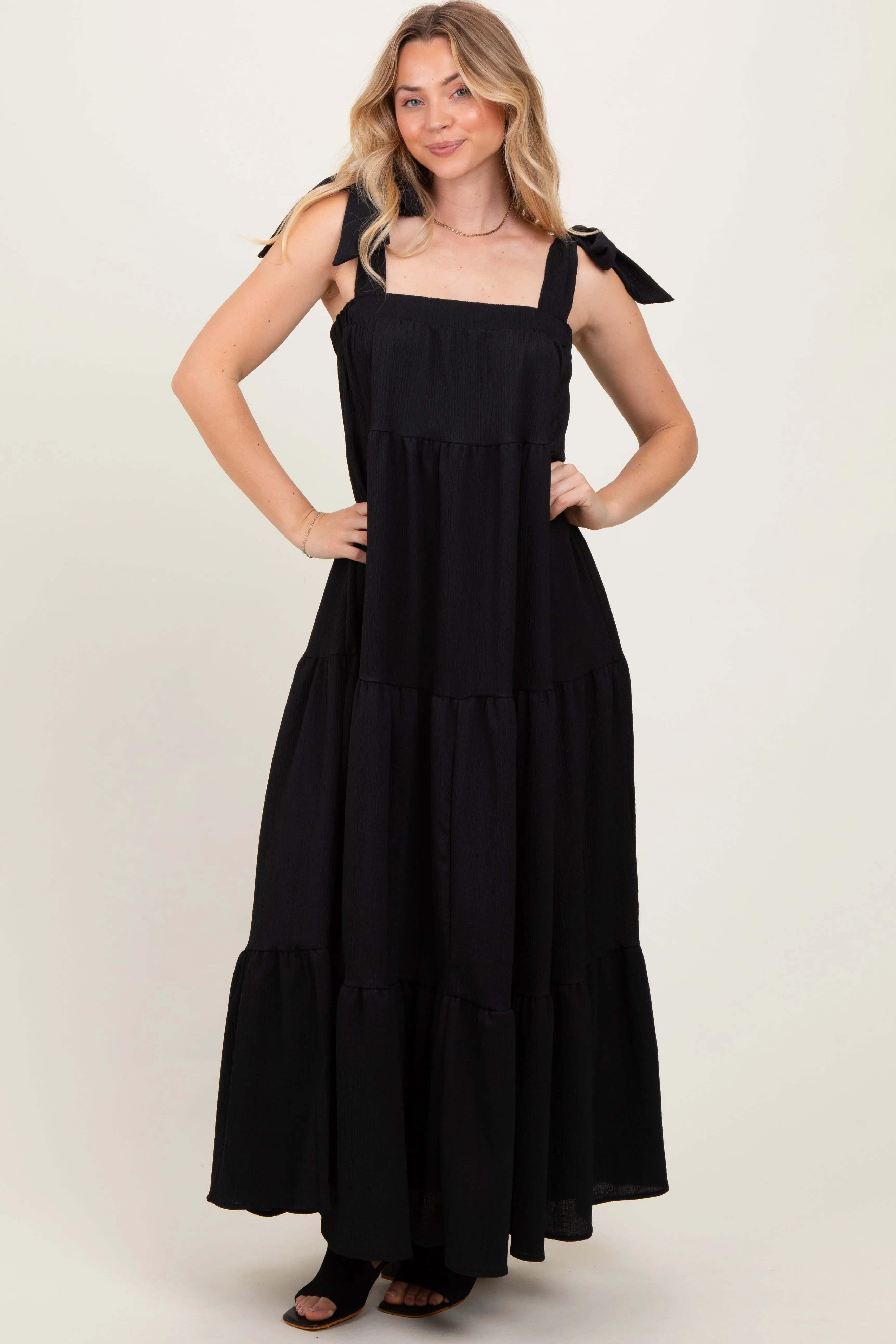 Black Shoulder Tie Tiered Maxi Dress sold by Pinkblush