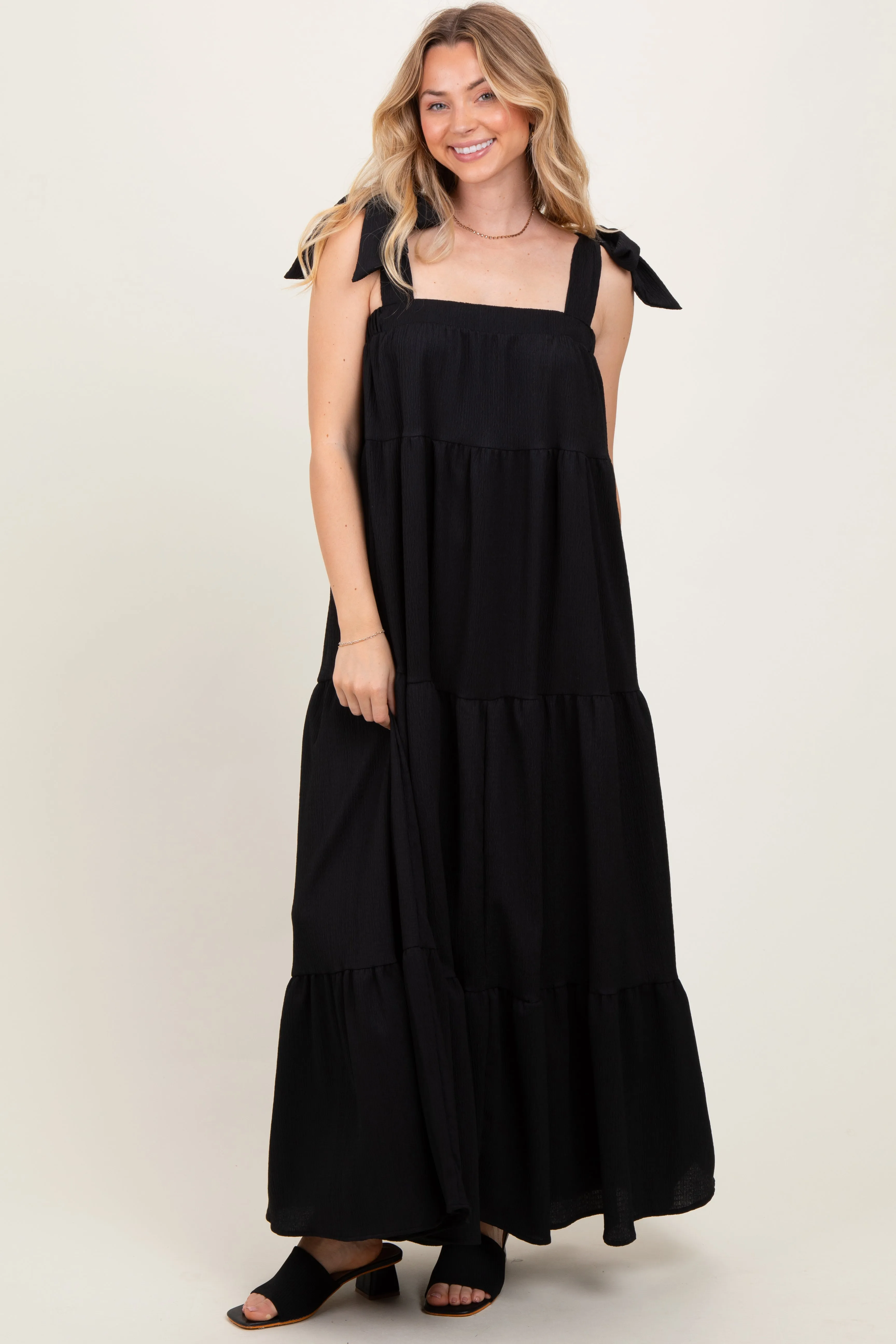 Black Shoulder Tie Tiered Maxi Dress sold by Pinkblush product image thumbnail 2