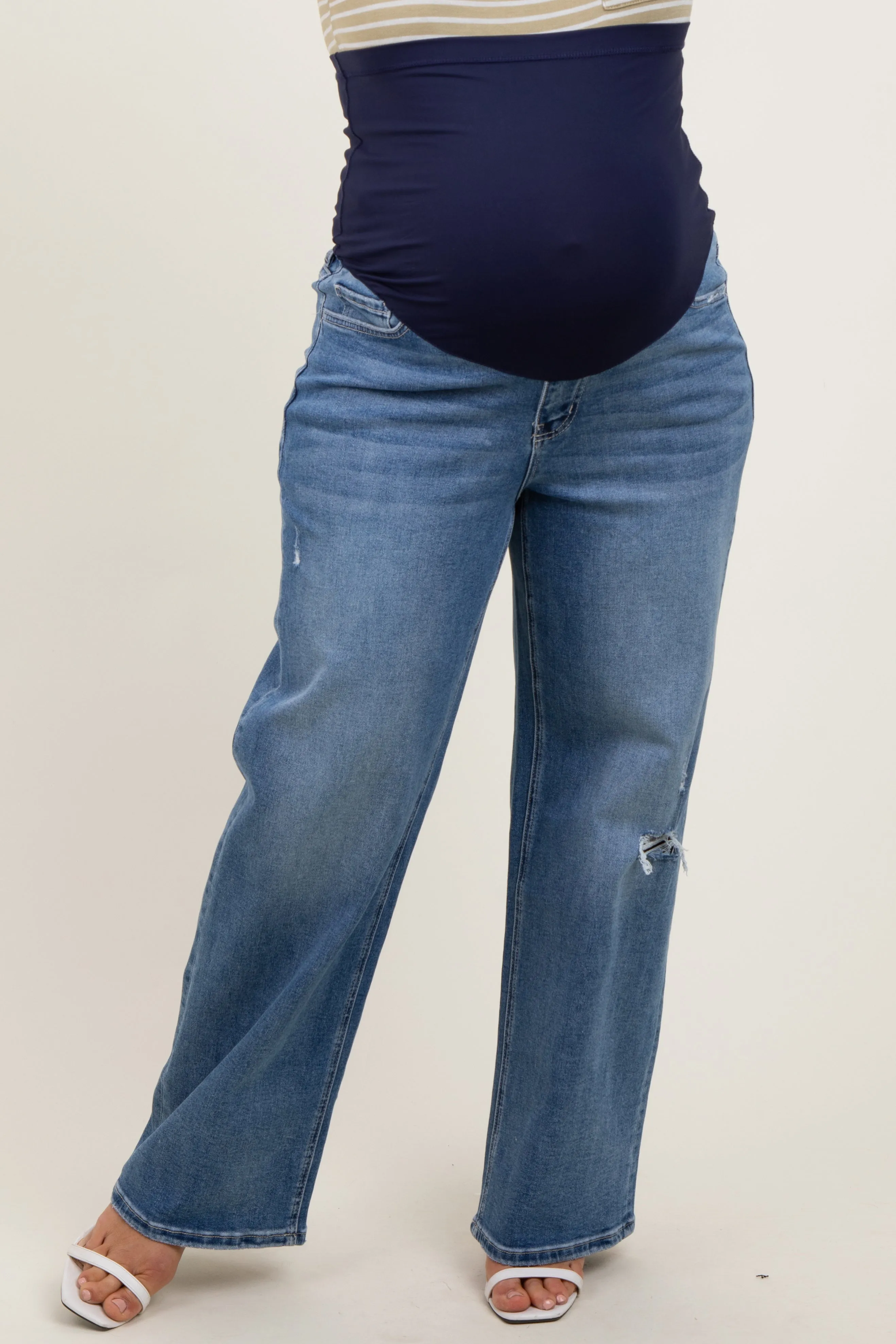Blue Distressed Open Knee Wide Leg Maternity Plus Jeans sold by Pinkblush product image thumbnail 3