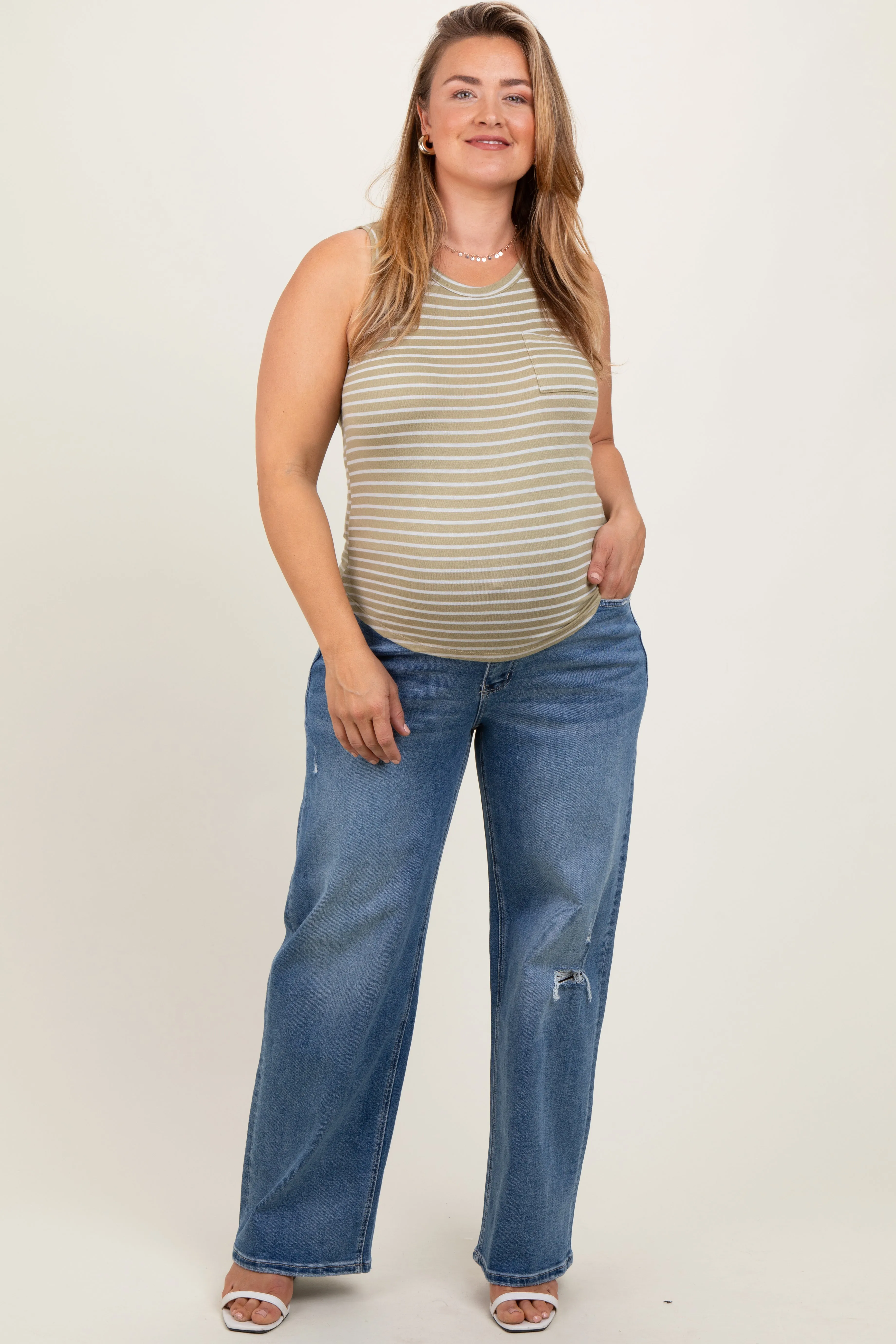 Blue Distressed Open Knee Wide Leg Maternity Plus Jeans sold by Pinkblush