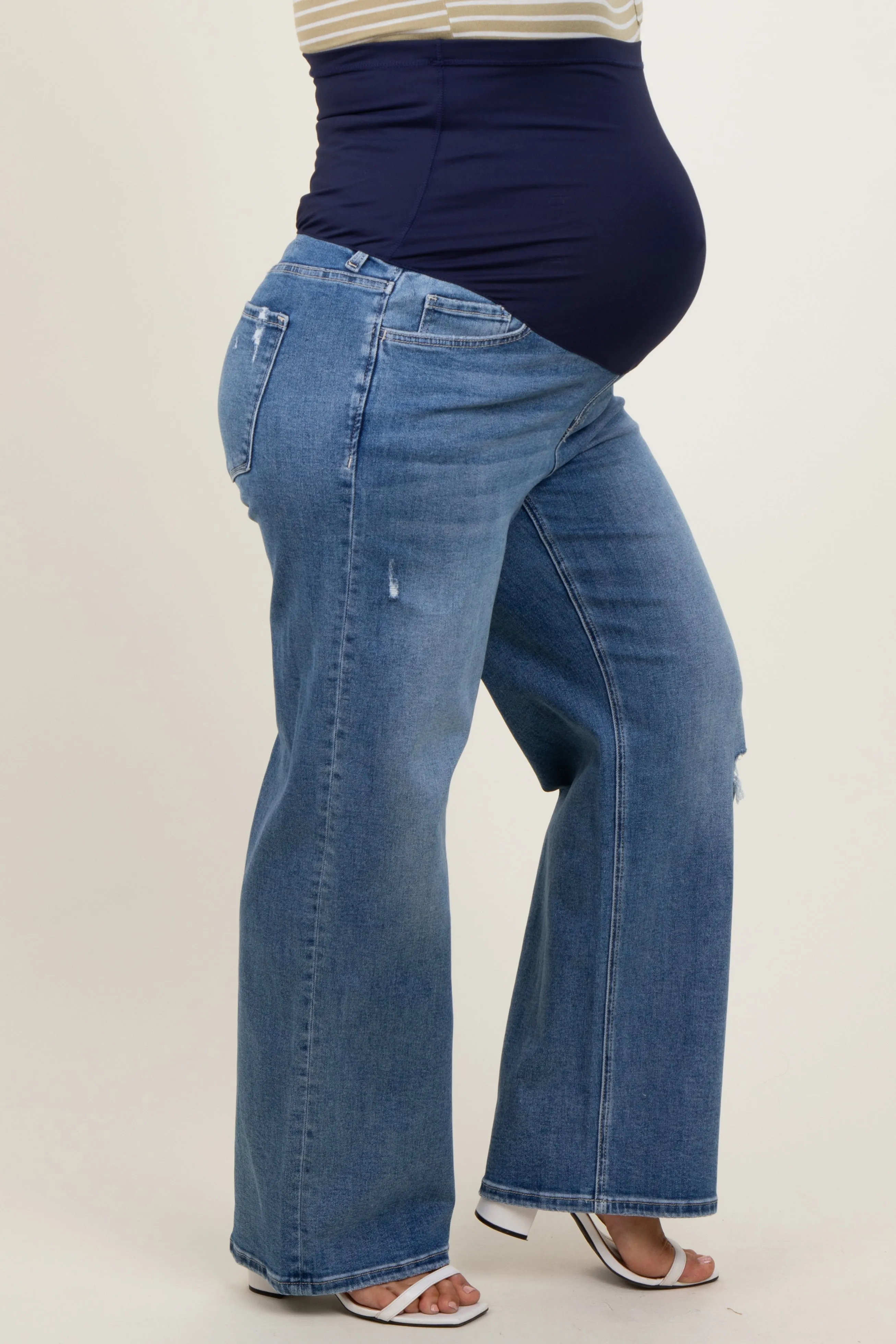 Blue Distressed Open Knee Wide Leg Maternity Plus Jeans sold by Pinkblush product image thumbnail 4