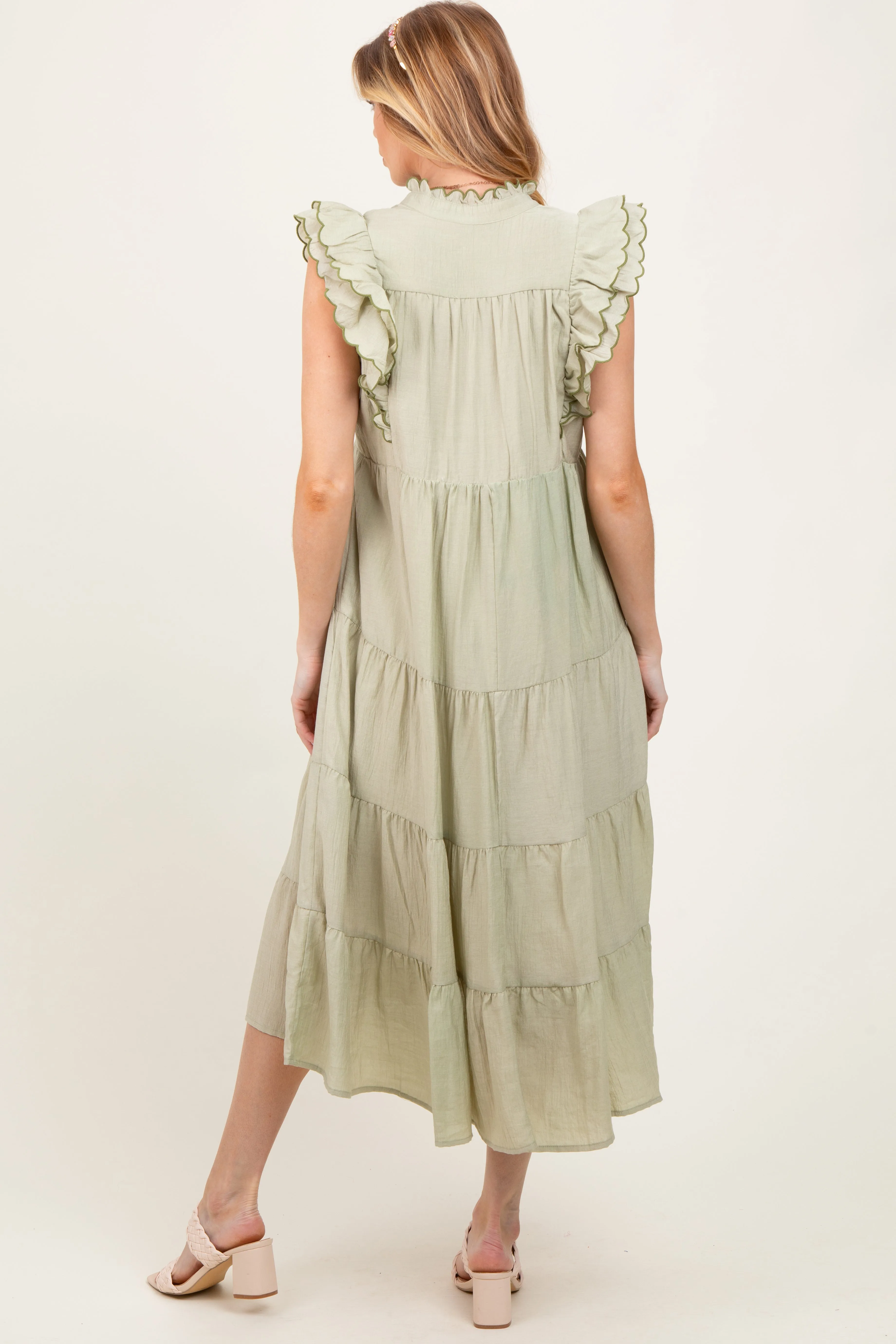 Light Olive Scallop Detail Tiered Maternity Midi Dress sold by Pinkblush product image thumbnail 4
