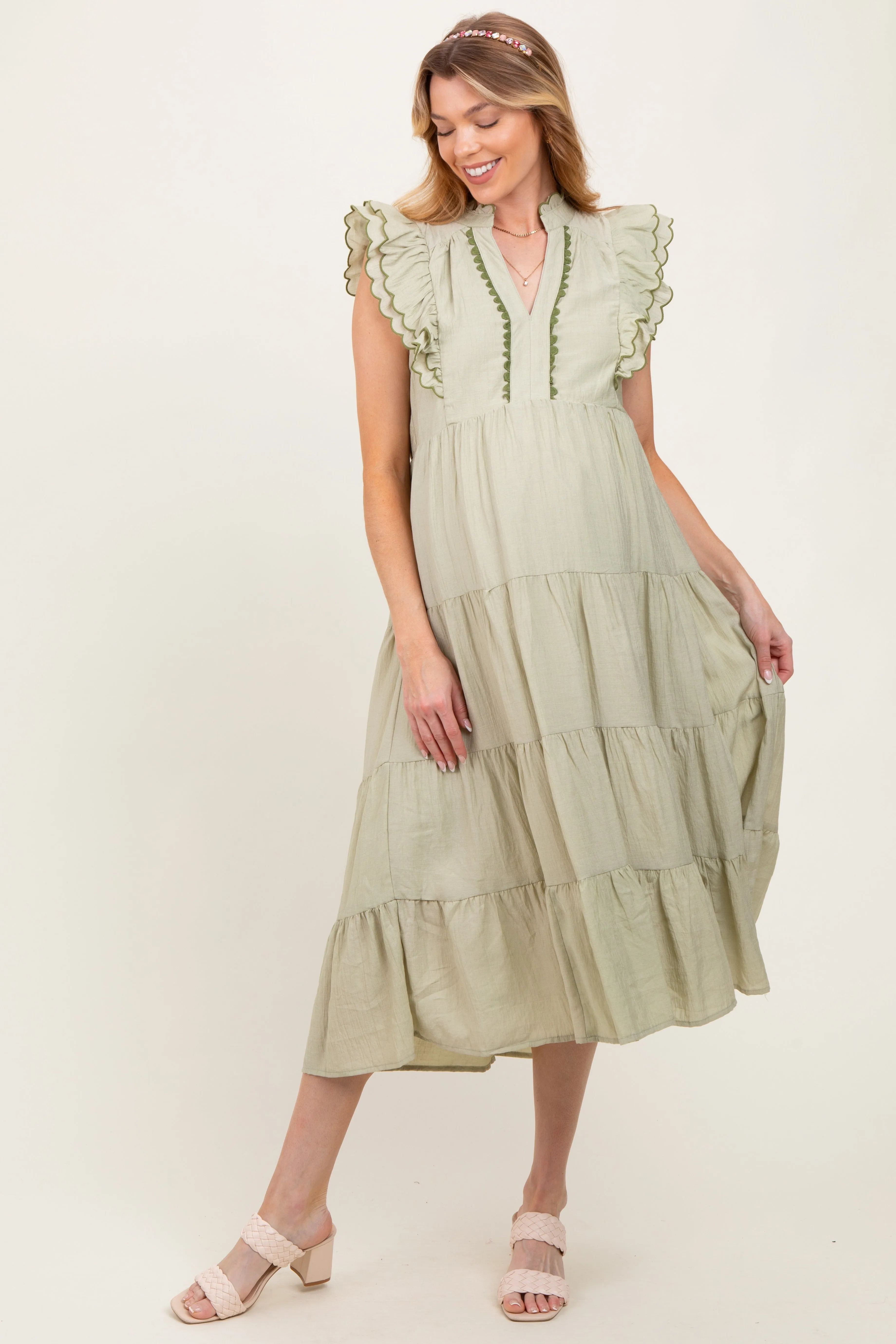 Light Olive Scallop Detail Tiered Maternity Midi Dress sold by Pinkblush