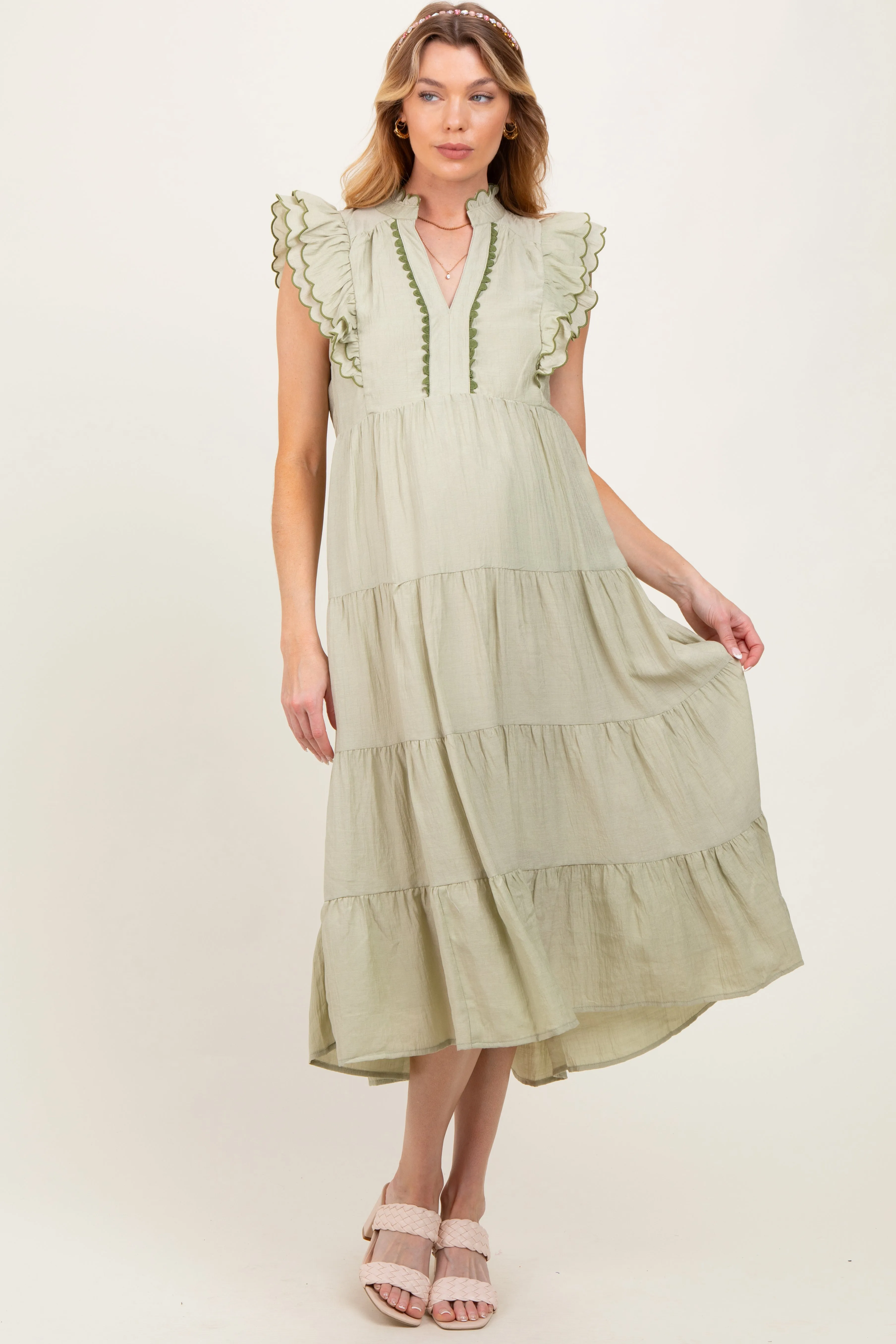 Light Olive Scallop Detail Tiered Maternity Midi Dress sold by Pinkblush product image thumbnail 3