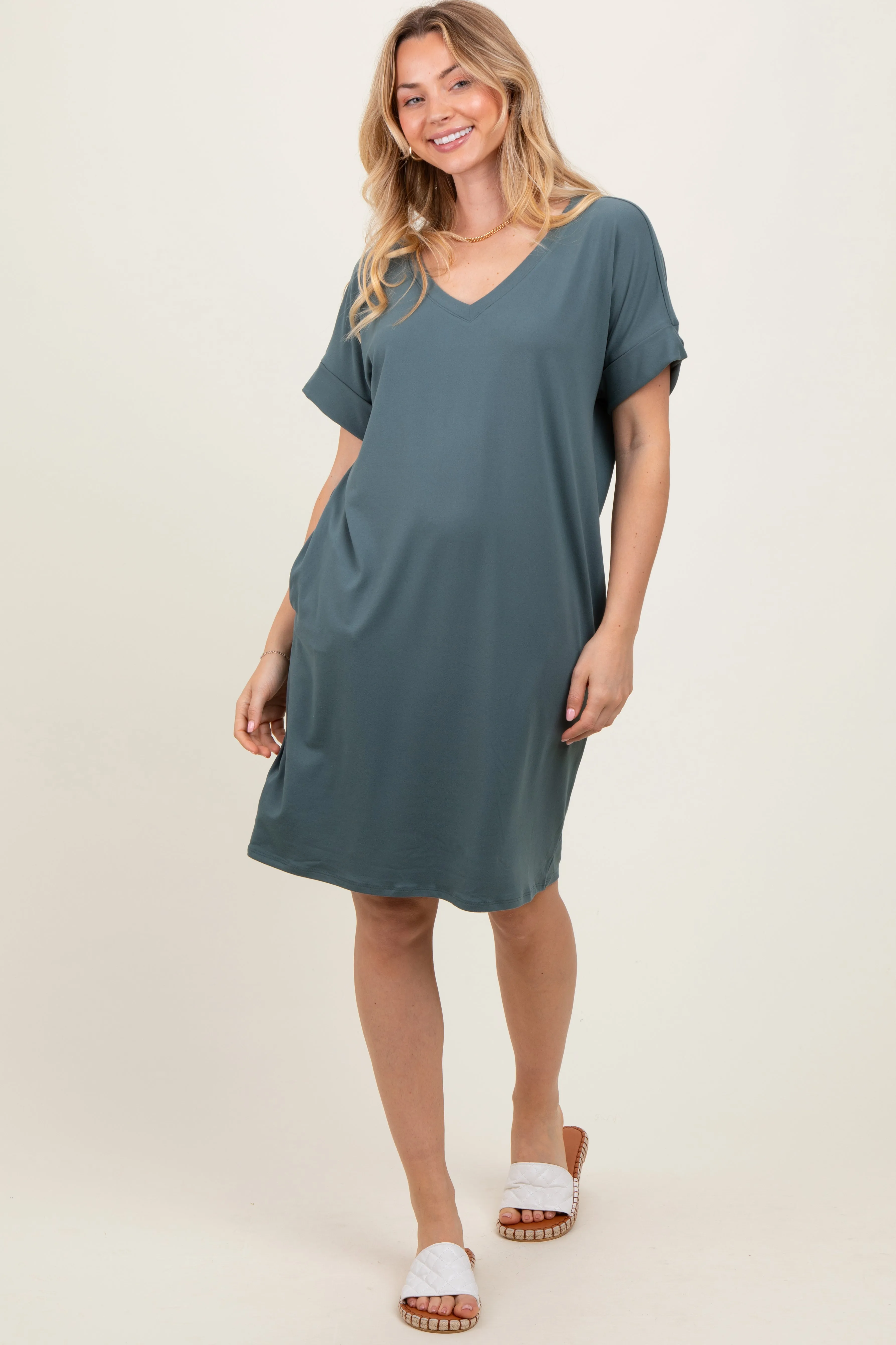 Jade Brushed Rolled Short Sleeve V-Neck Dress sold by Pinkblush product image thumbnail 2