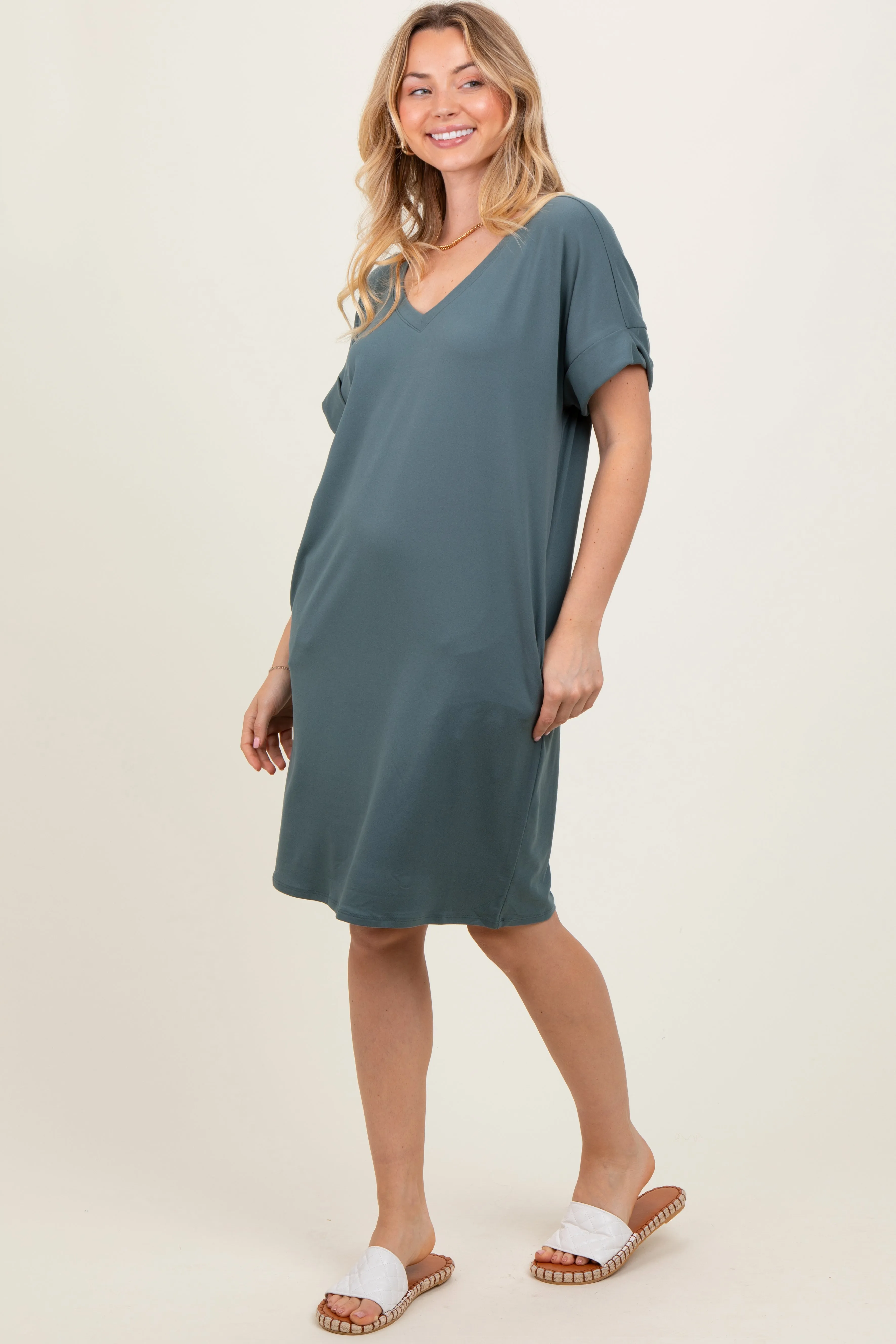 Jade Brushed Rolled Short Sleeve V-Neck Dress sold by Pinkblush product image thumbnail 3