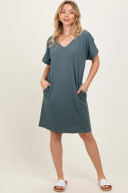 Jade Brushed Rolled Short Sleeve V-Neck Dress sold by Pinkblush