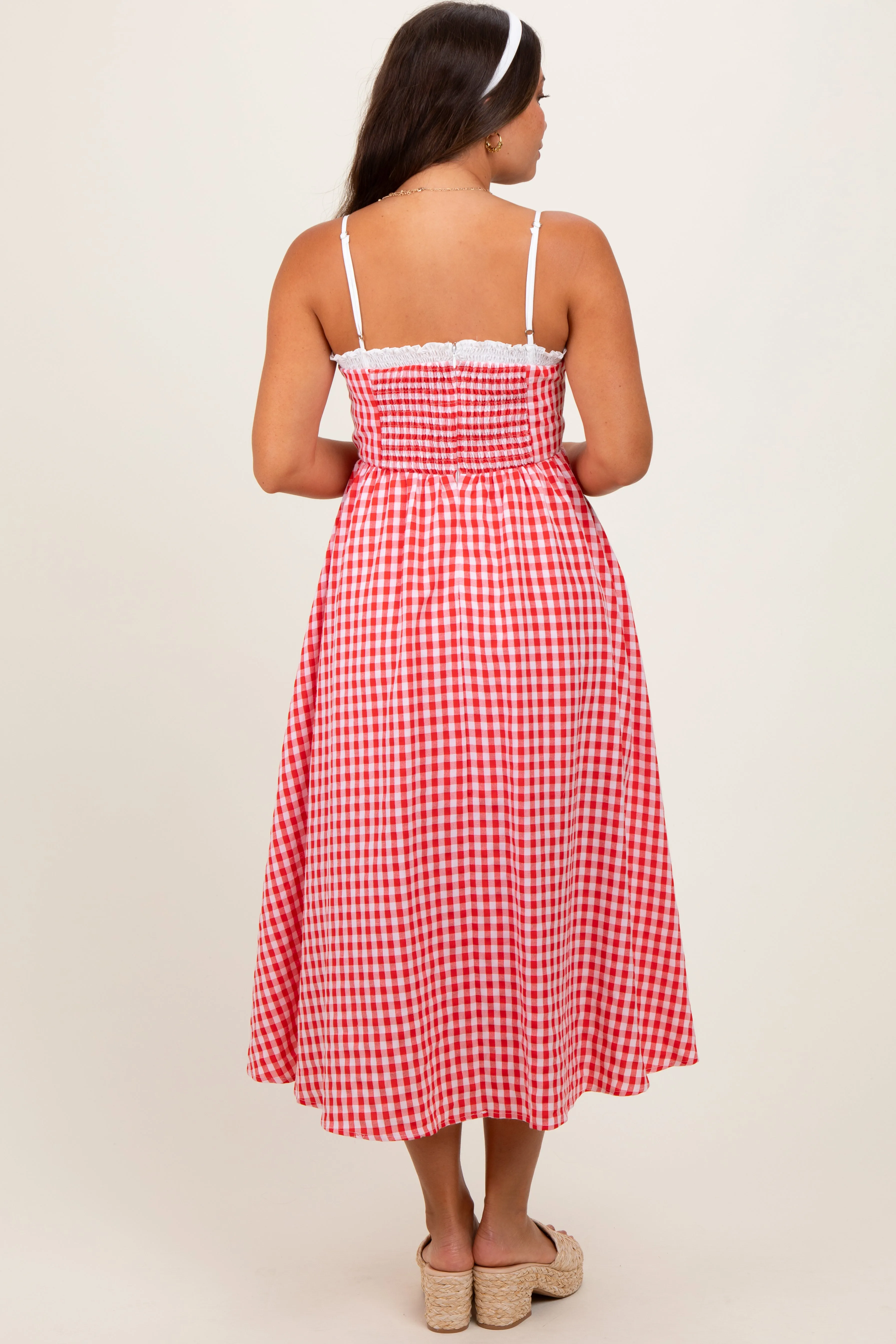 Red Gingham Smocked Trim Maternity Midi Dress sold by Pinkblush product image thumbnail 4