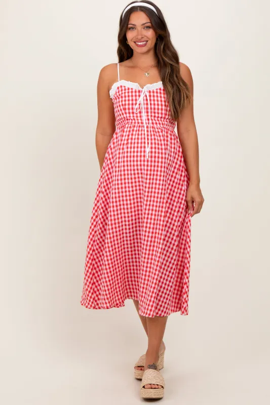 Red Gingham Smocked Trim Maternity Midi Dress sold by Pinkblush