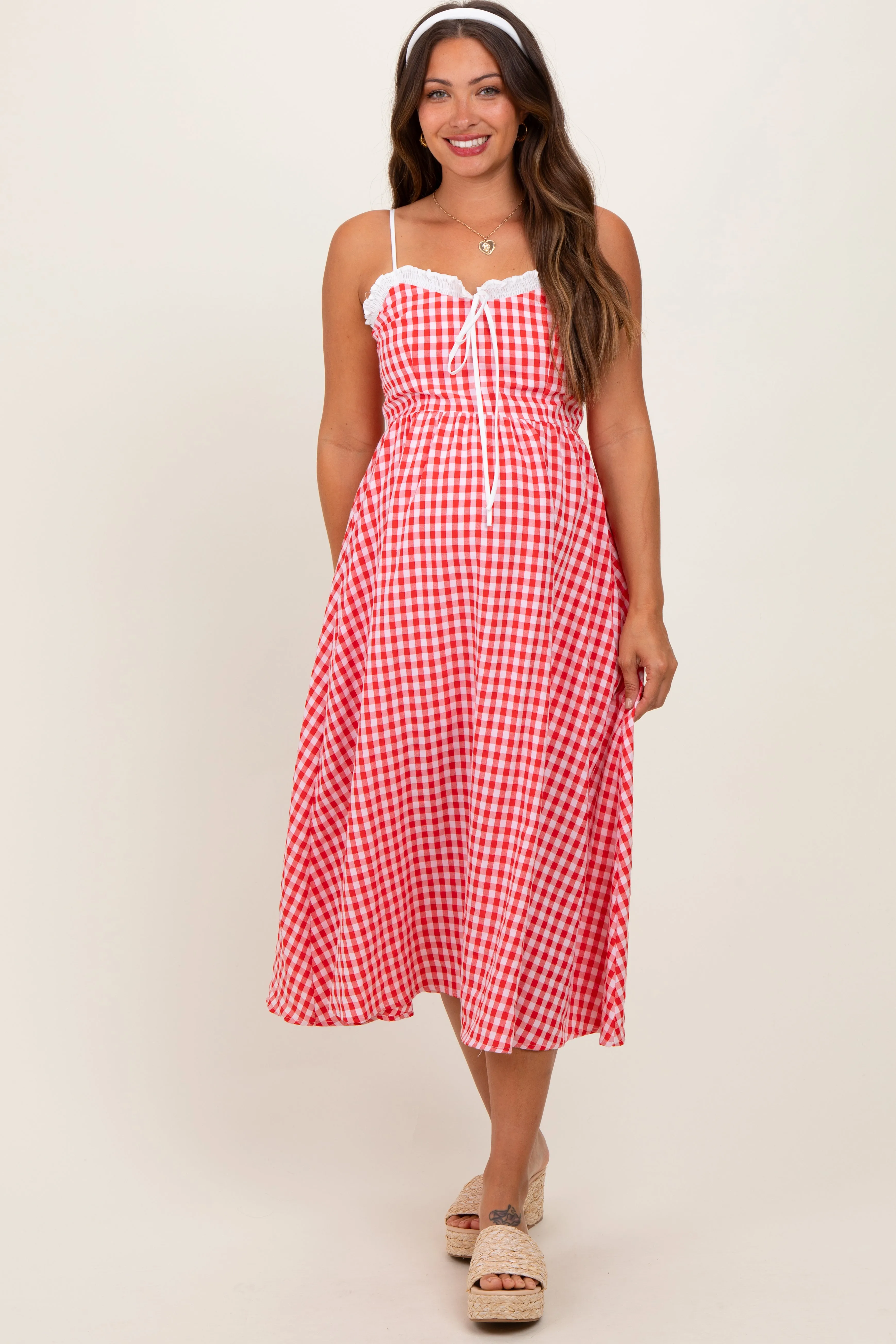 Red Gingham Smocked Trim Maternity Midi Dress sold by Pinkblush