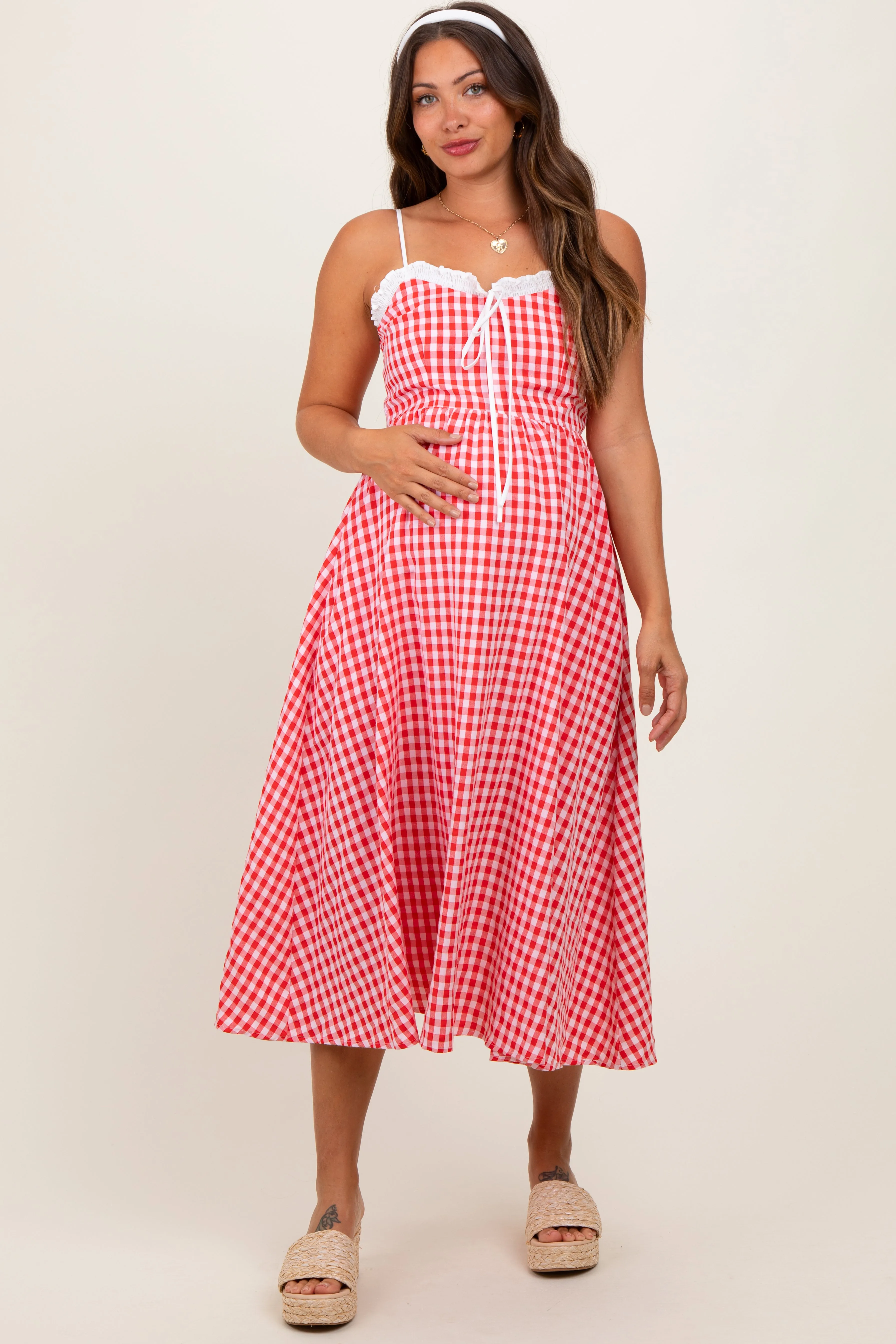 Red Gingham Smocked Trim Maternity Midi Dress sold by Pinkblush product image thumbnail 2