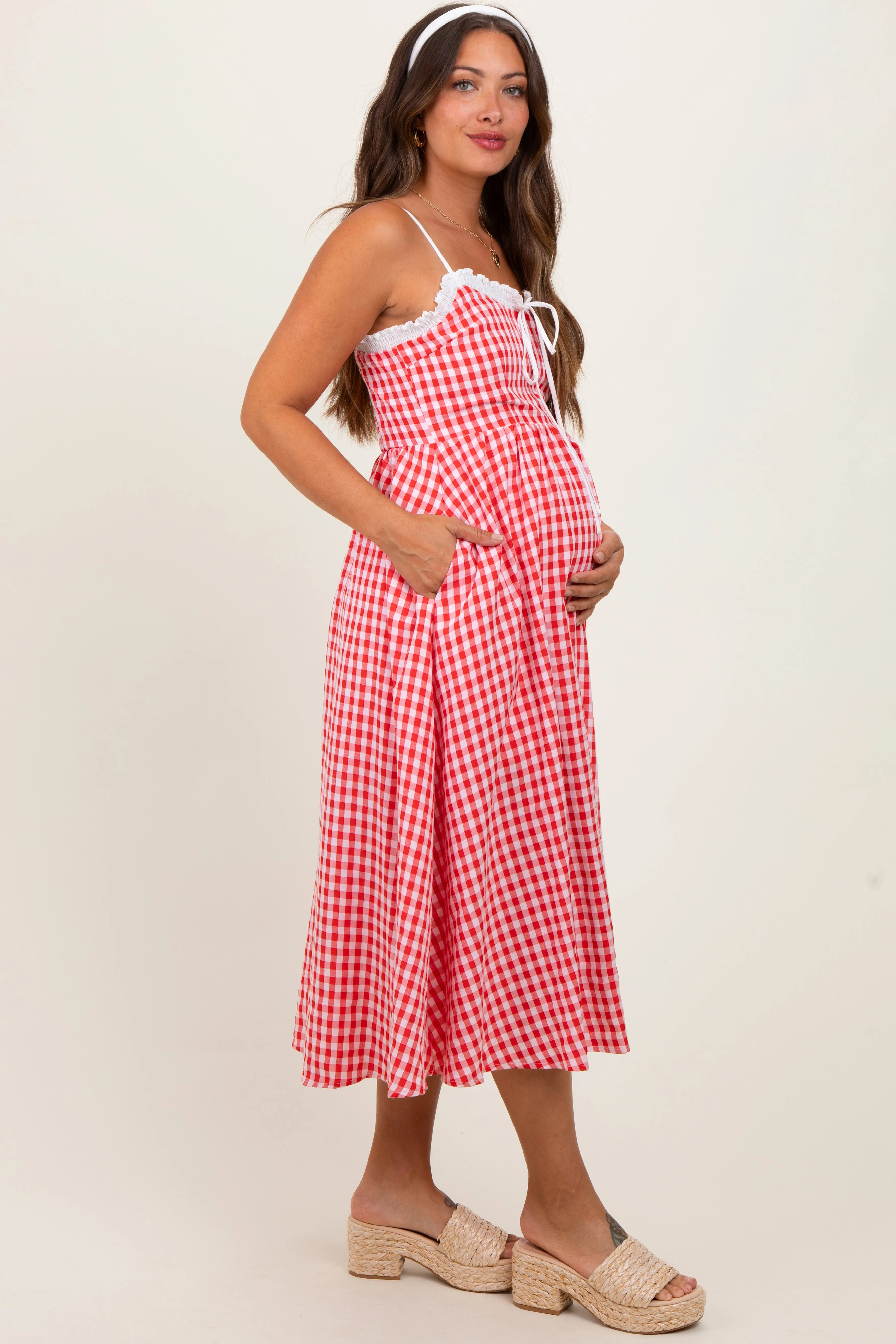 Red Gingham Smocked Trim Maternity Midi Dress sold by Pinkblush product image thumbnail 3