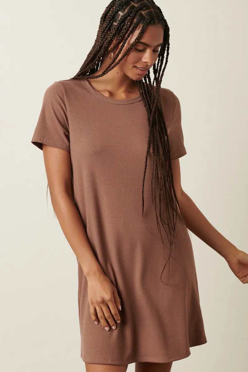 Brown Ribbed Knit Basic Short Sleeve T-Shirt Dress sold by Pinkblush product image thumbnail 2