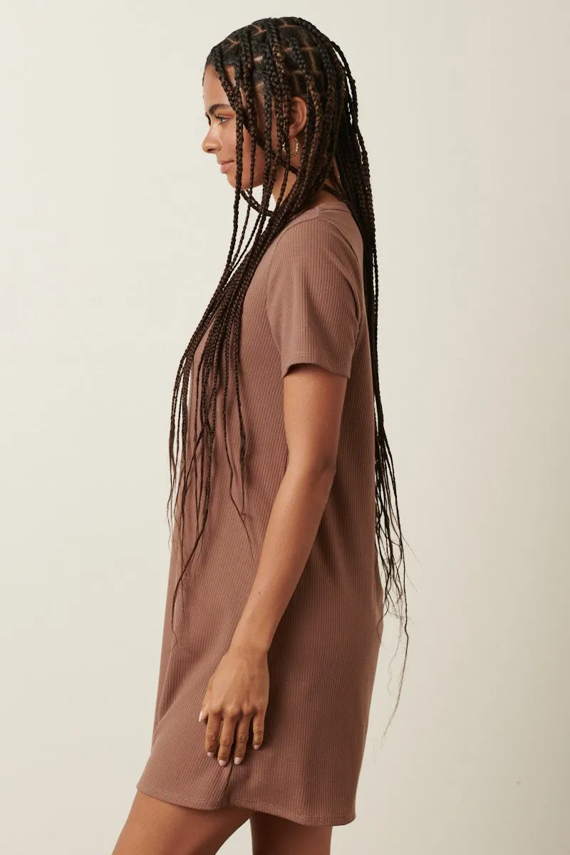 Brown Ribbed Knit Basic Short Sleeve T-Shirt Dress sold by Pinkblush product image thumbnail 3