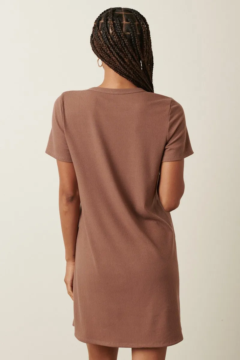Brown Ribbed Knit Basic Short Sleeve T-Shirt Dress sold by Pinkblush product image thumbnail 4