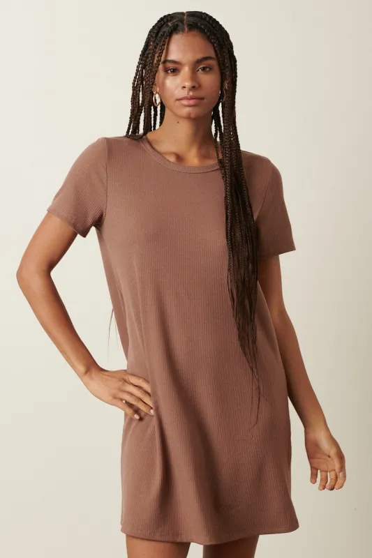 Brown Ribbed Knit Basic Short Sleeve T-Shirt Dress sold by Pinkblush