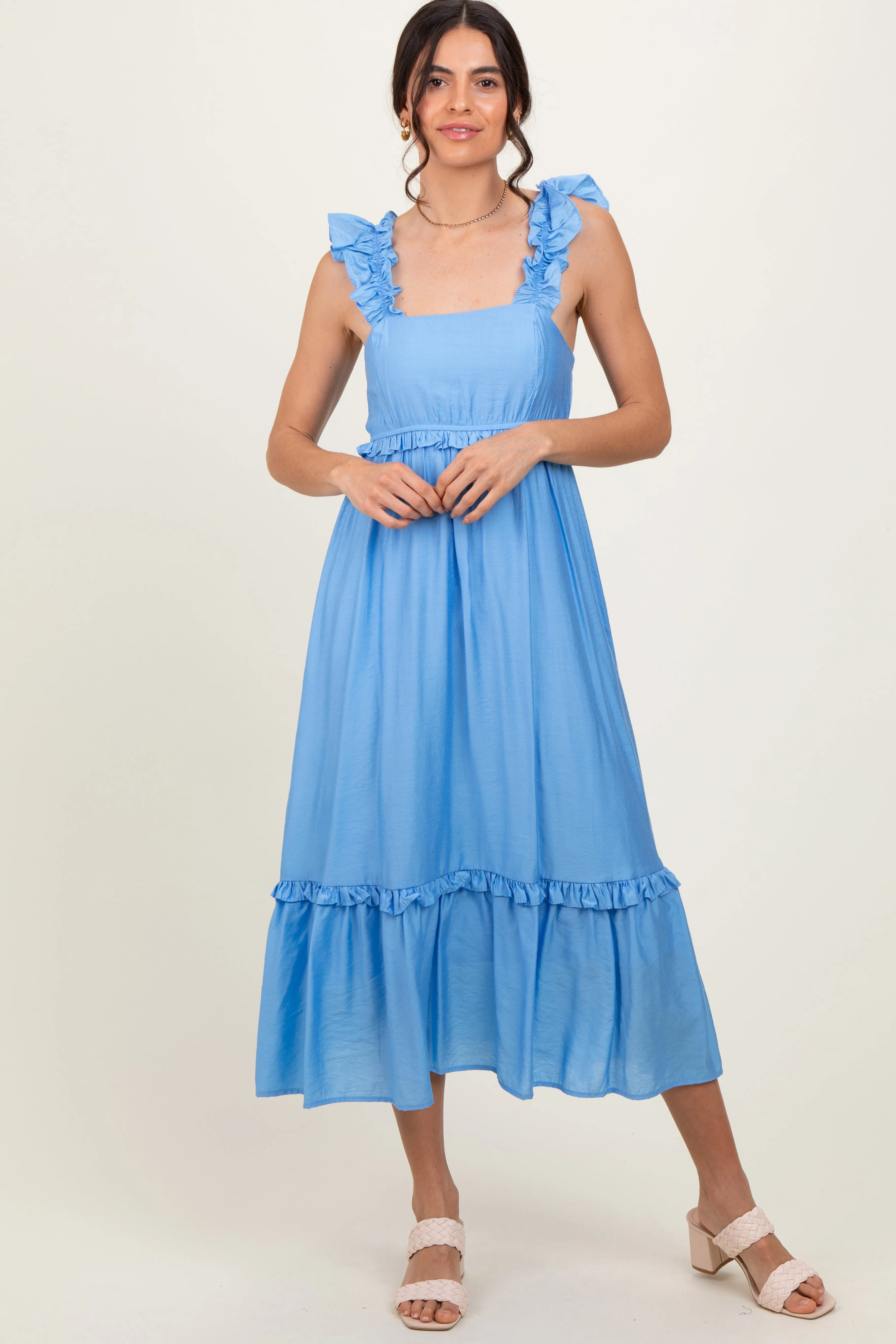 Blue Ruffle Strap Square Neck Midi Dress sold by Pinkblush