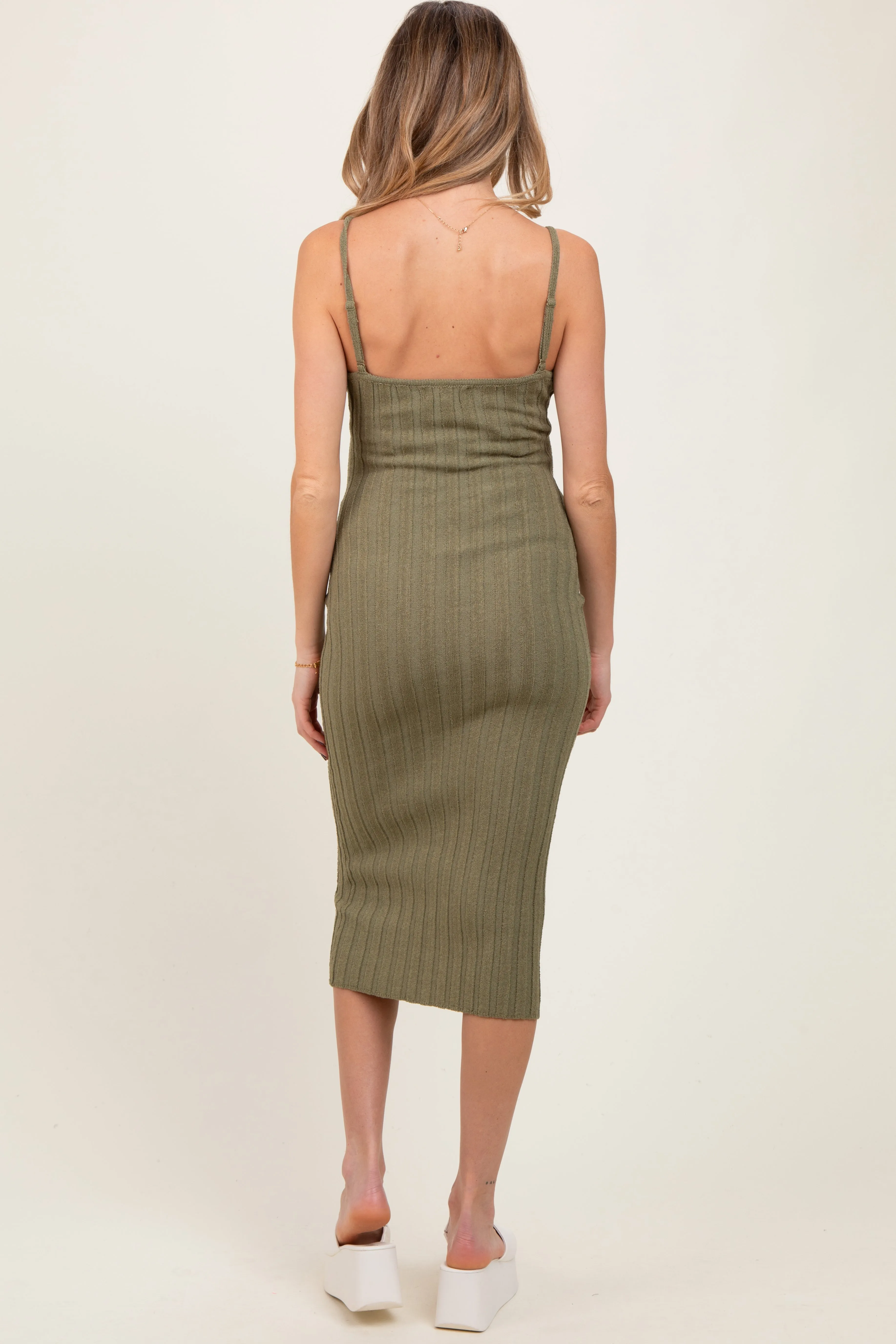 Olive Sleeveless Button Accent Knit Maternity Midi Dress sold by Pinkblush product image thumbnail 3