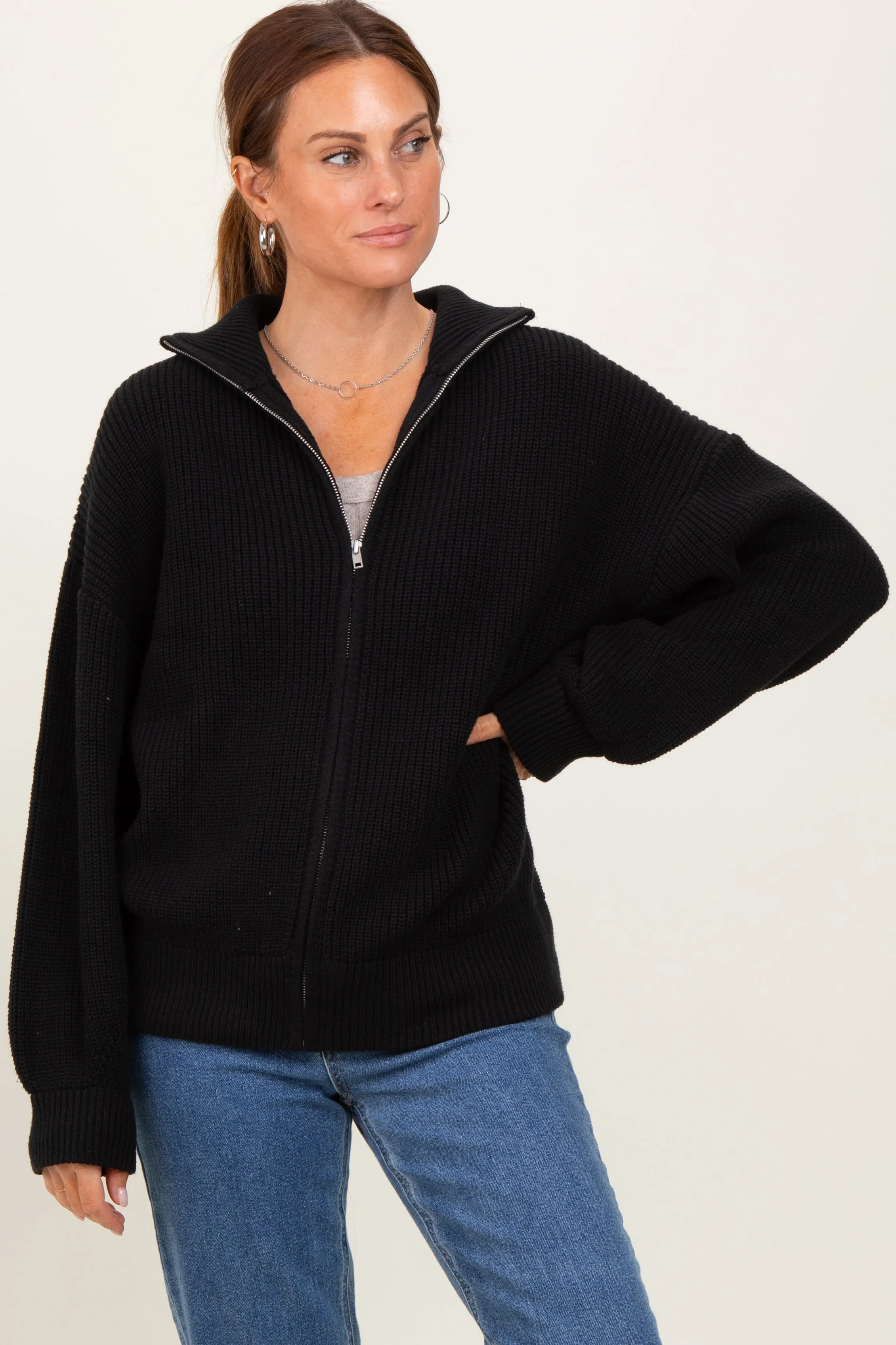 Black Oversized Zip Up Cardigan sold by Pinkblush product image thumbnail 2