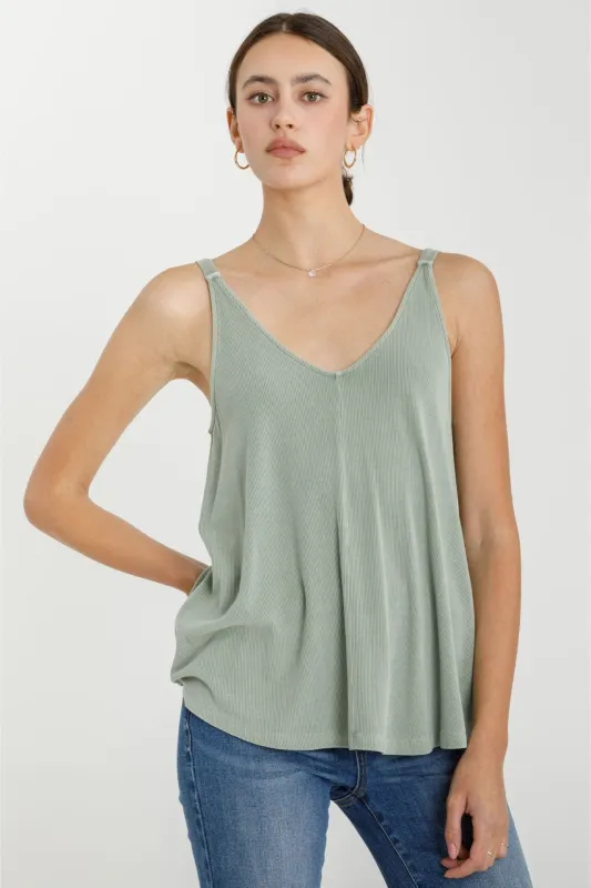Light Olive Ribbed V-Neck Flowy Tank sold by Pinkblush