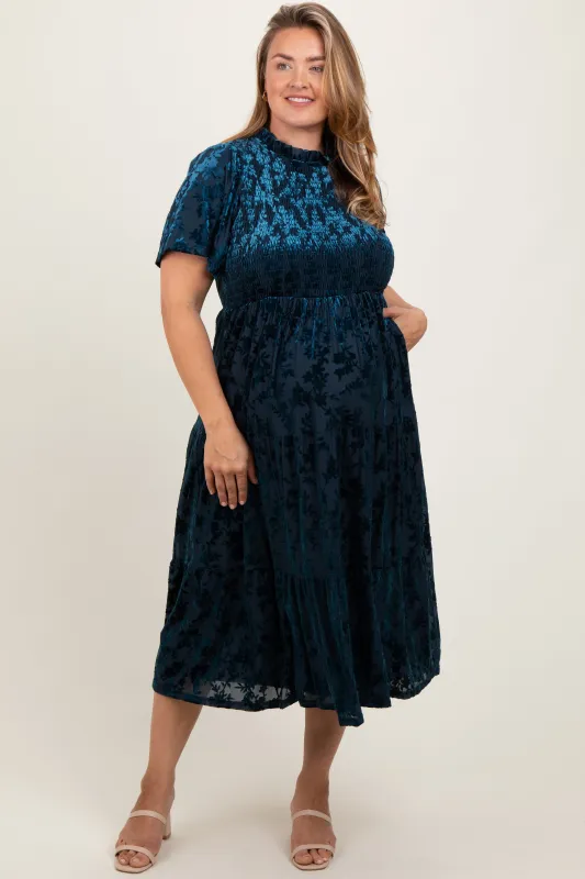 Navy Floral Velvet Print Smocked Maternity Plus Midi Dress sold by Pinkblush