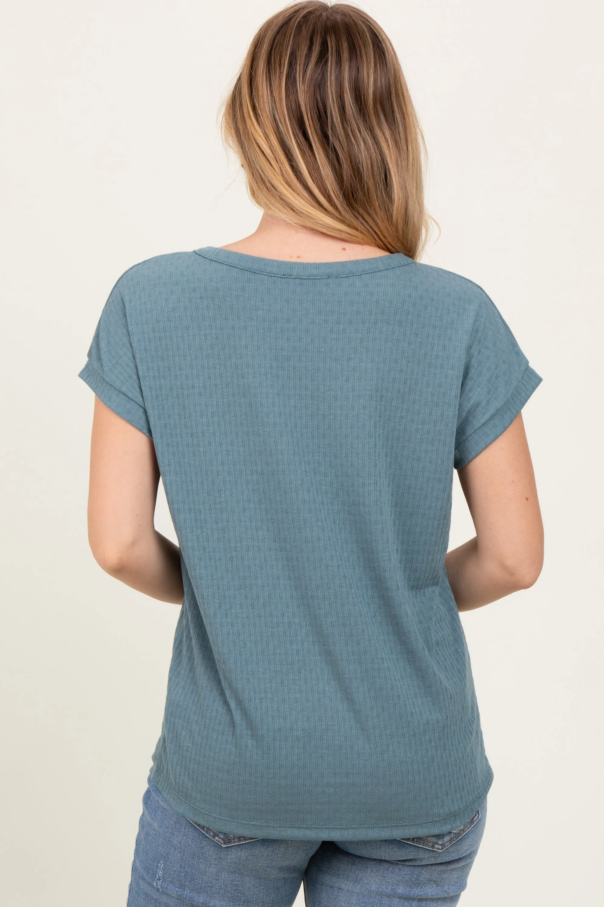 Blue V-Neck Pointelle Knit Top sold by Pinkblush product image thumbnail 4