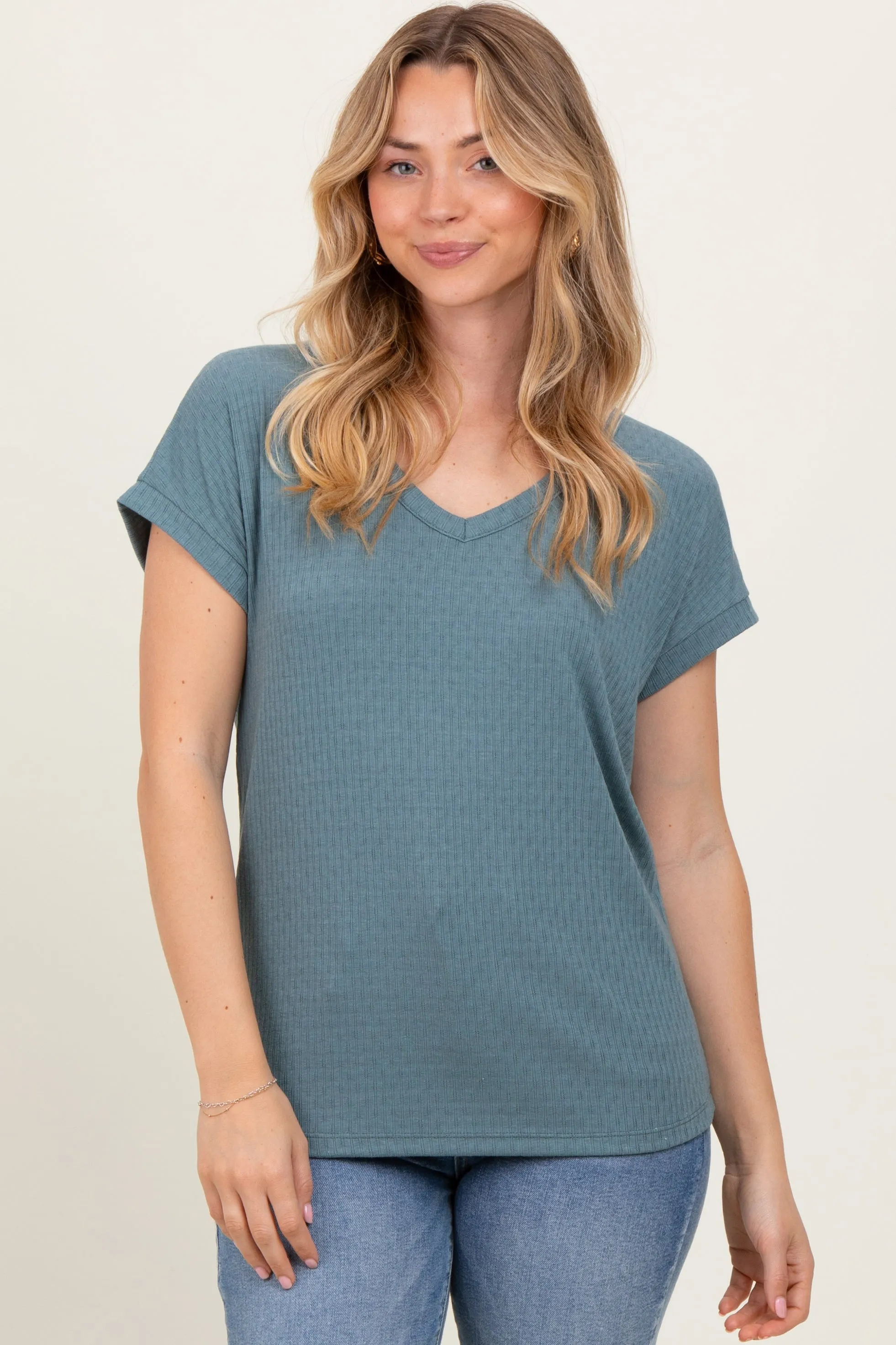 Blue V-Neck Pointelle Knit Top sold by Pinkblush