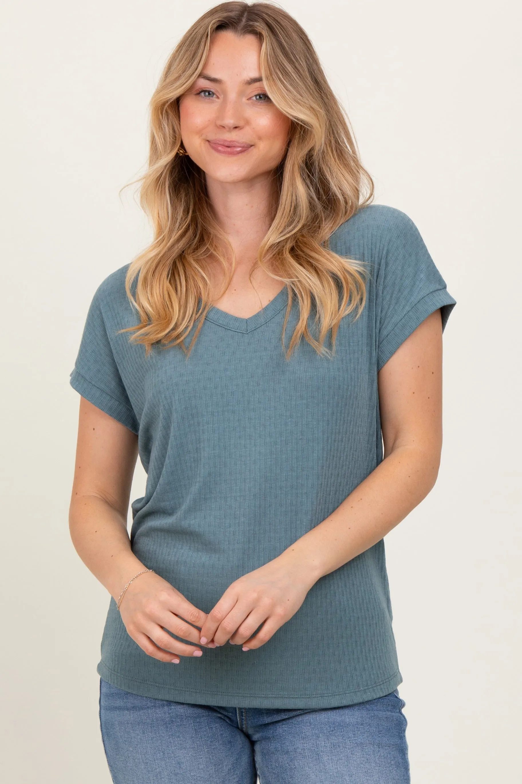 Blue V-Neck Pointelle Knit Top sold by Pinkblush product image thumbnail 2