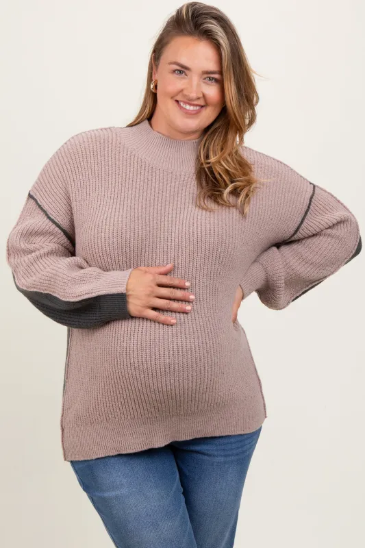 Mocha Mock Neck Colorblock Maternity Plus Sweater sold by Pinkblush