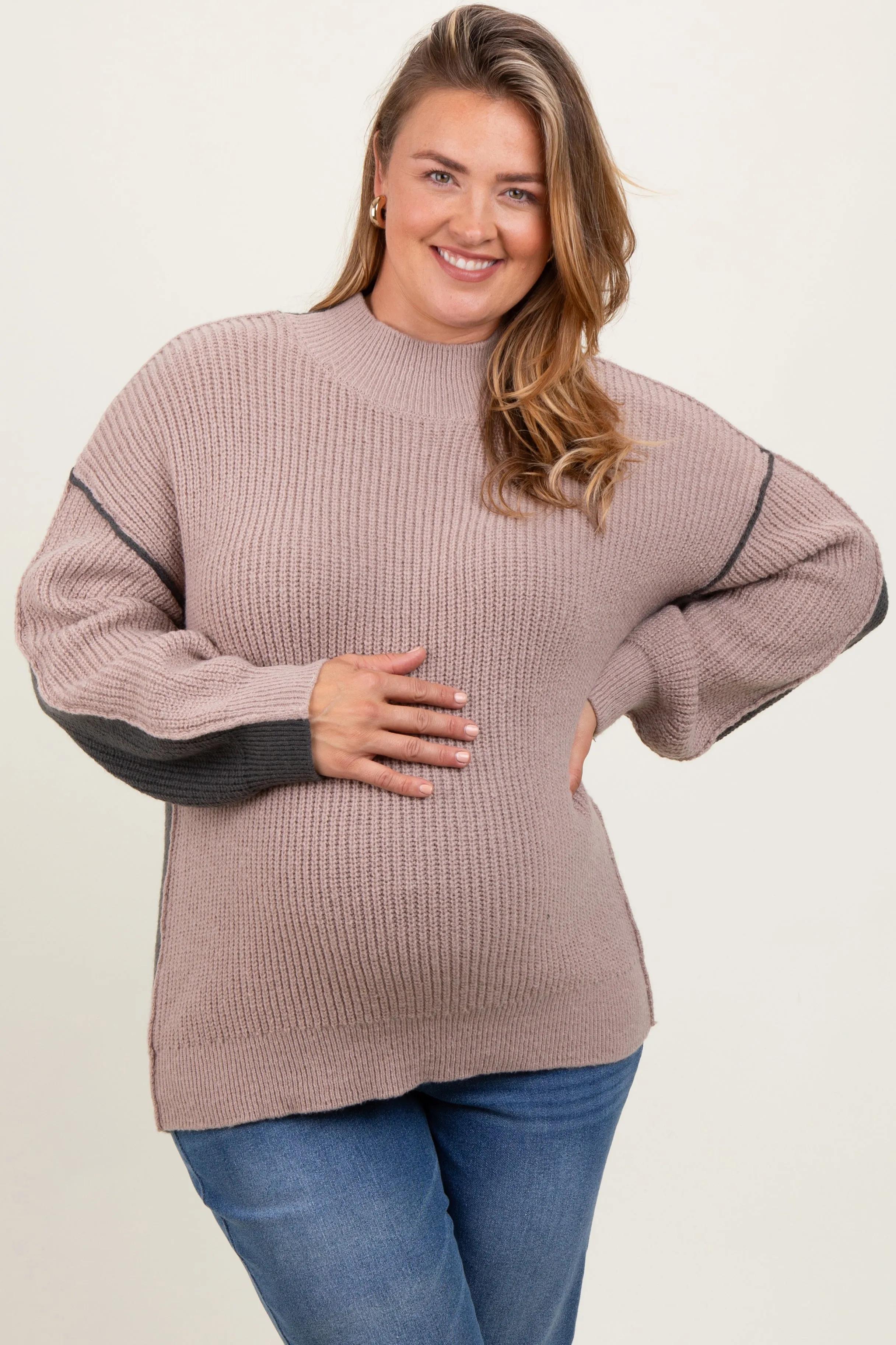 Mocha Mock Neck Colorblock Maternity Plus Sweater sold by Pinkblush