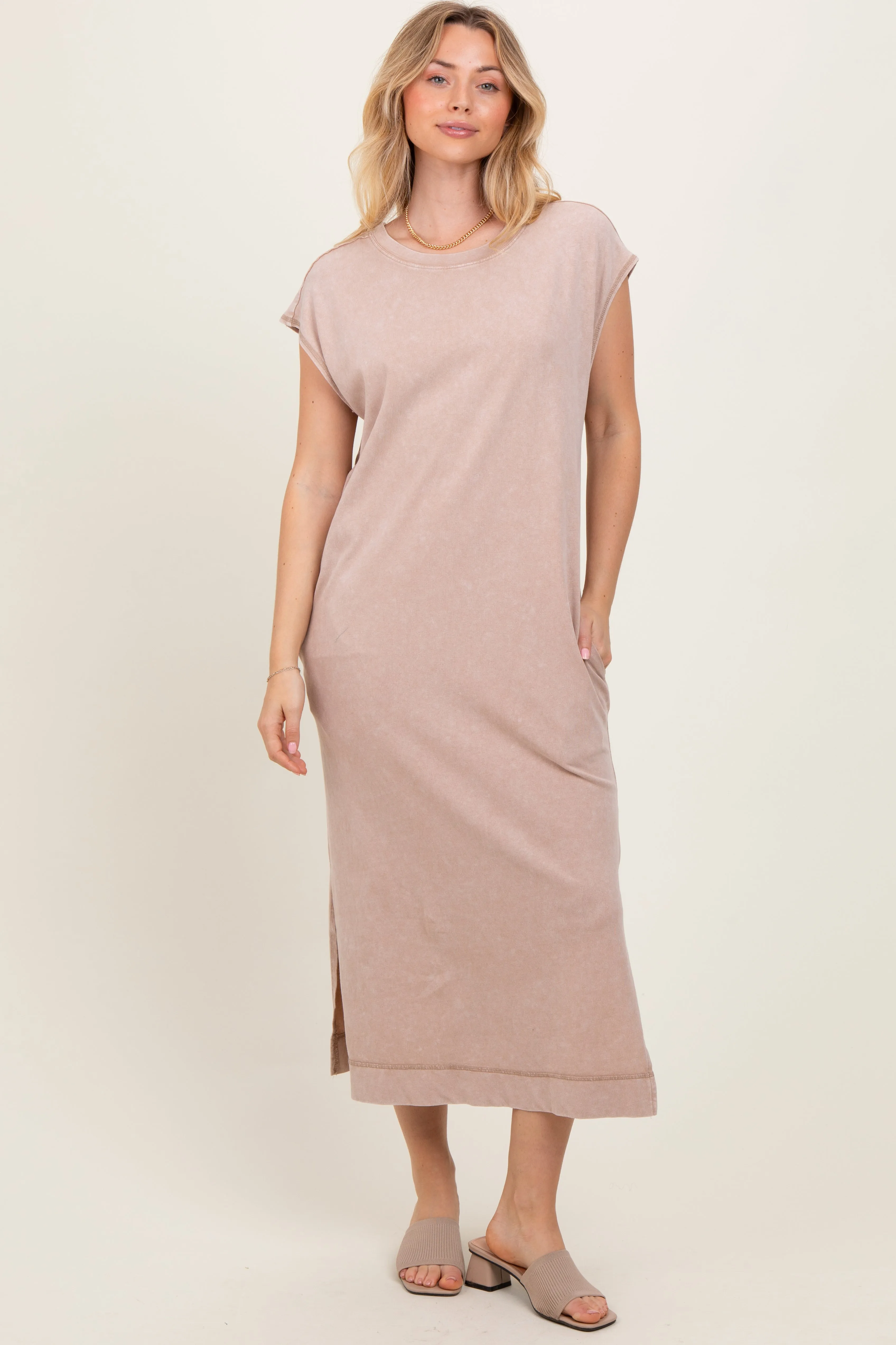 Taupe Casual Sleeveless Pocketed Maternity Midi Dress sold by Pinkblush product image thumbnail 4
