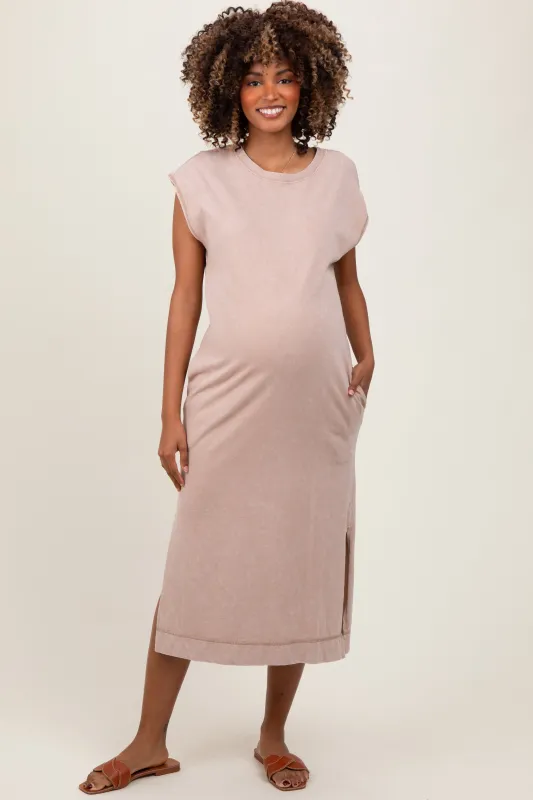 Taupe Casual Sleeveless Pocketed Maternity Midi Dress sold by Pinkblush