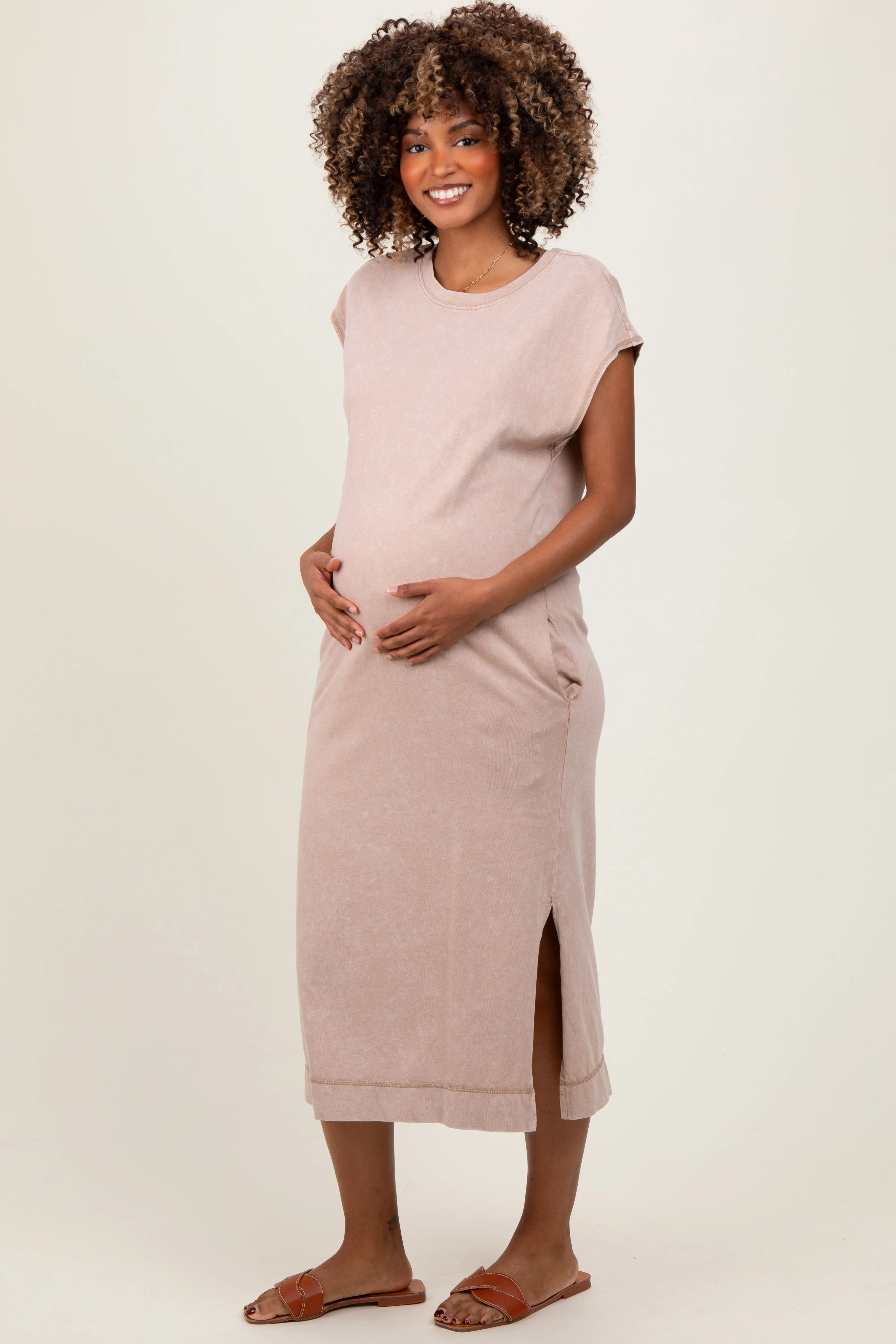 Taupe Casual Sleeveless Pocketed Maternity Midi Dress sold by Pinkblush product image thumbnail 2