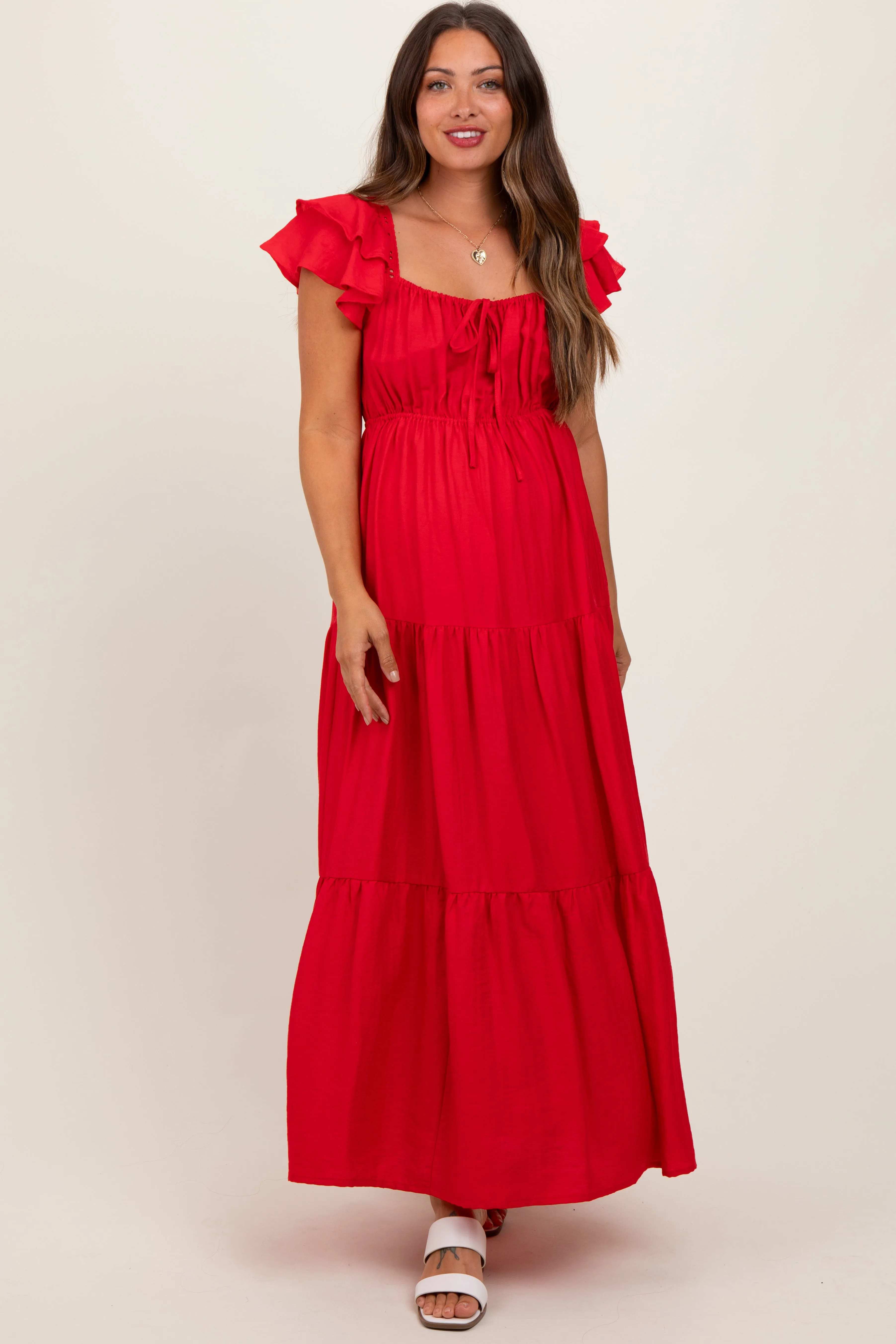 Red Layered Flutter Sleeve Tiered Maternity Maxi Dress sold by Pinkblush product image thumbnail 2