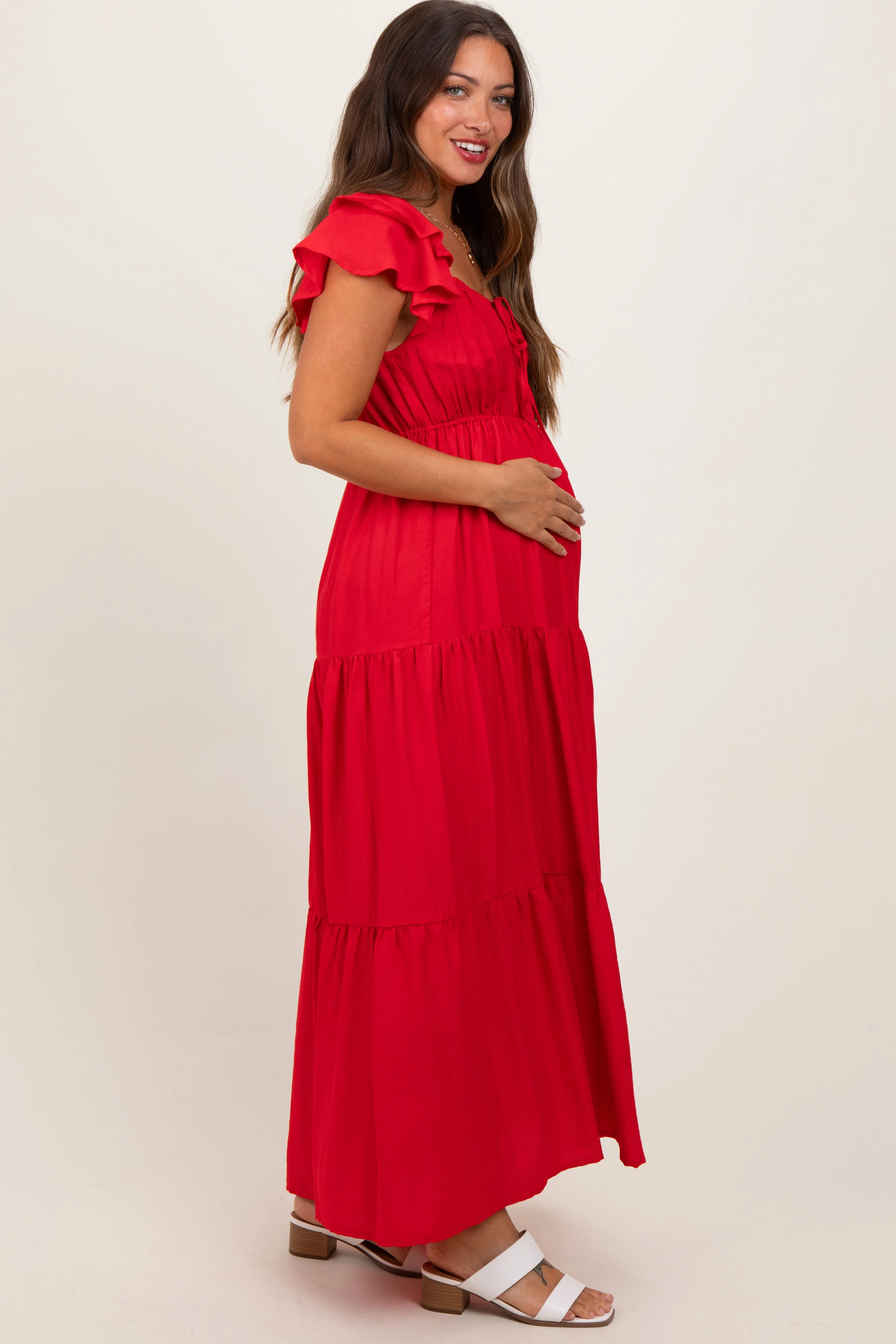 Red Layered Flutter Sleeve Tiered Maternity Maxi Dress sold by Pinkblush product image thumbnail 3